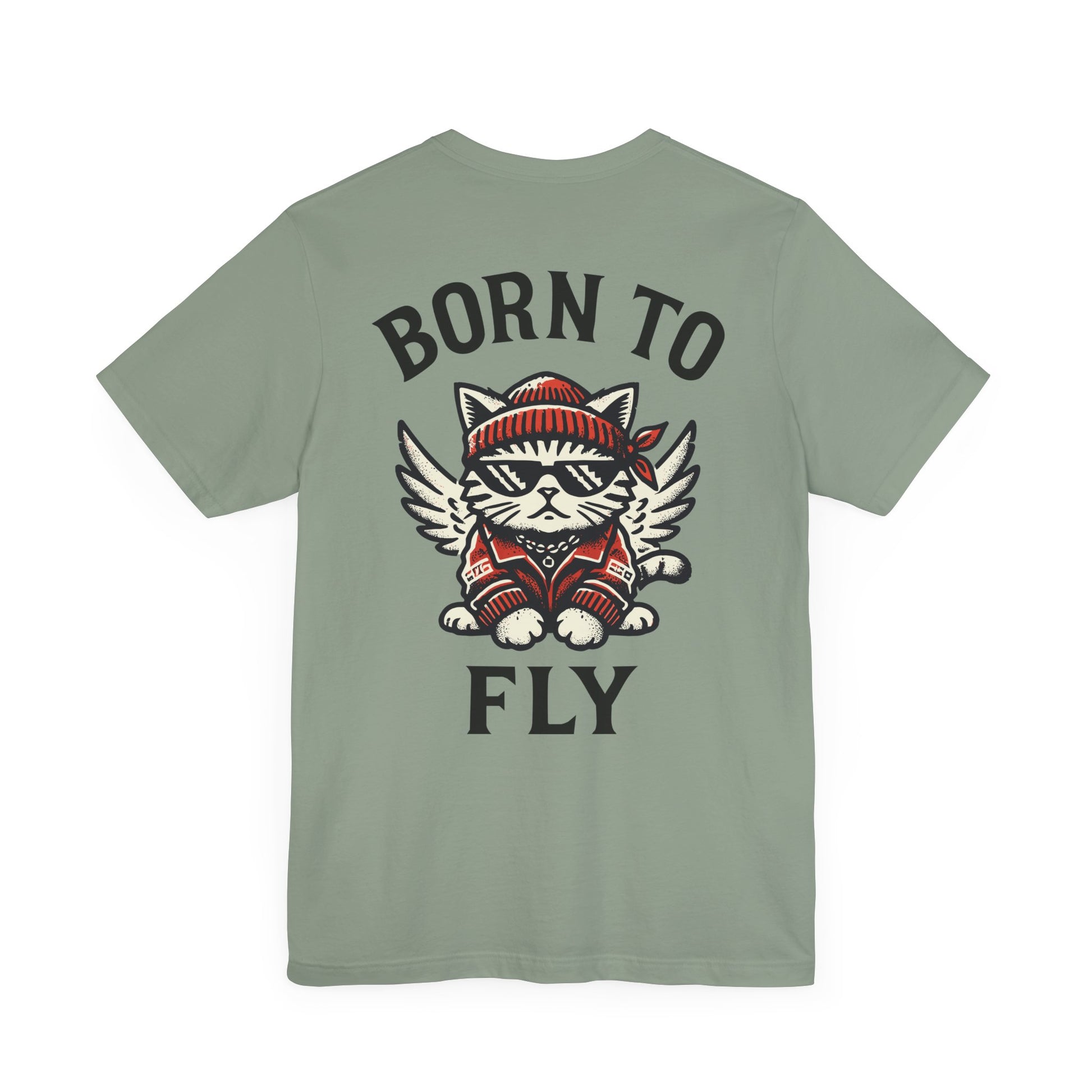 Back view of sage green Paw Angels Born to Fly street angel cat t-shirt – tee shirts with cats