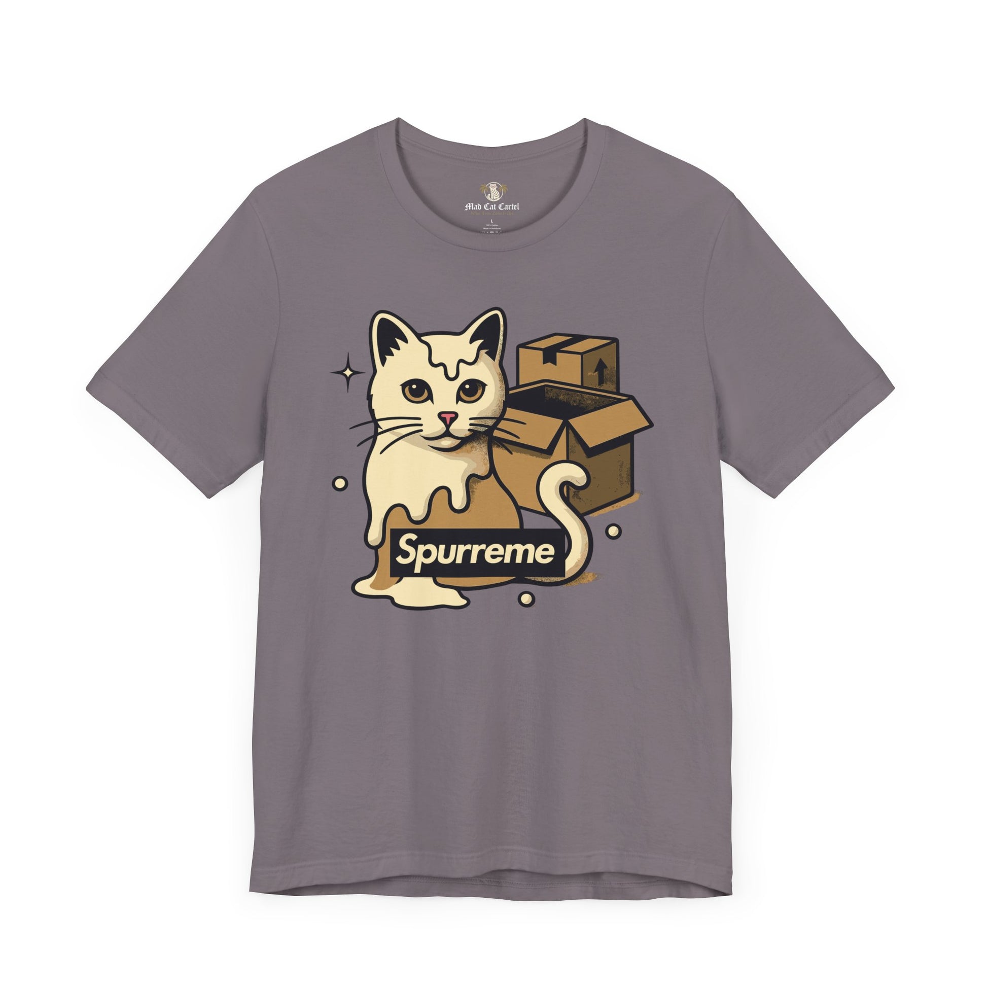 Storm grey t shirt folded Spurreme Box Addict Cat Graphic