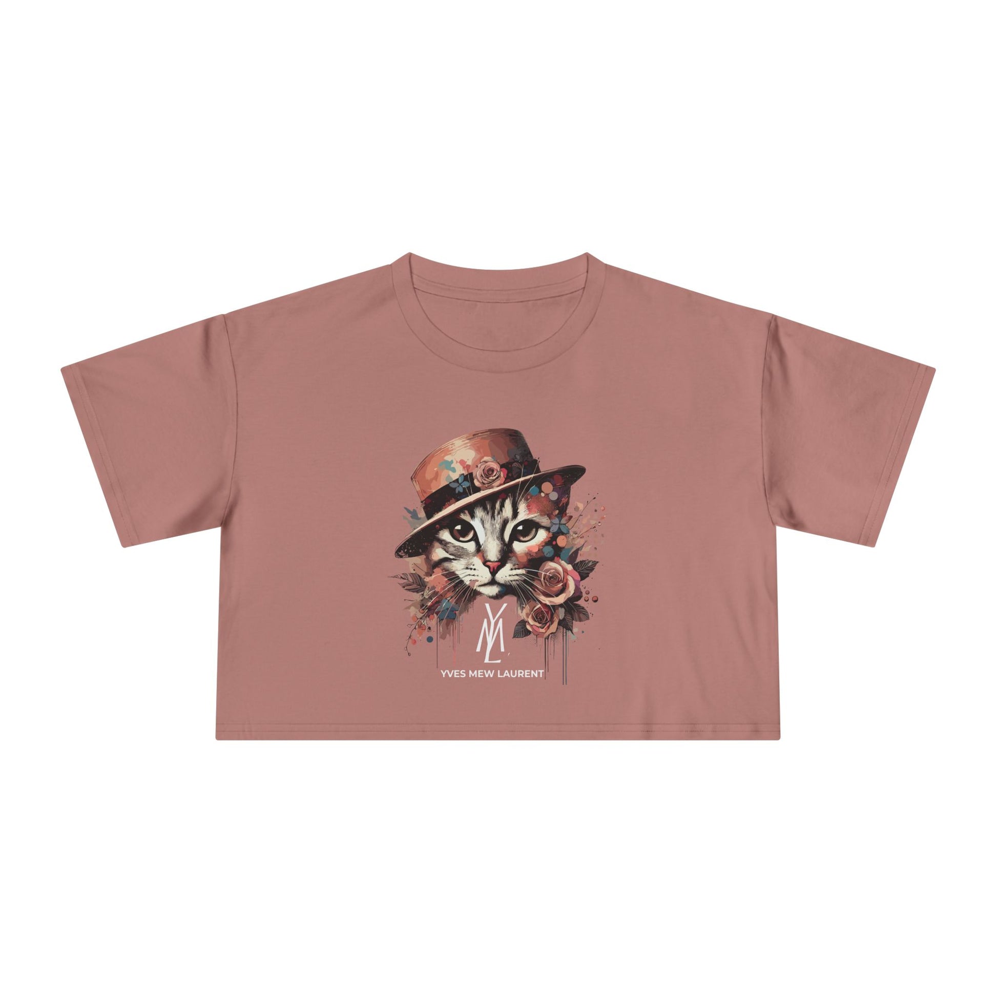Yves Mew Laurent cat graphic crop top, orchid pink womens tee shirt with cats