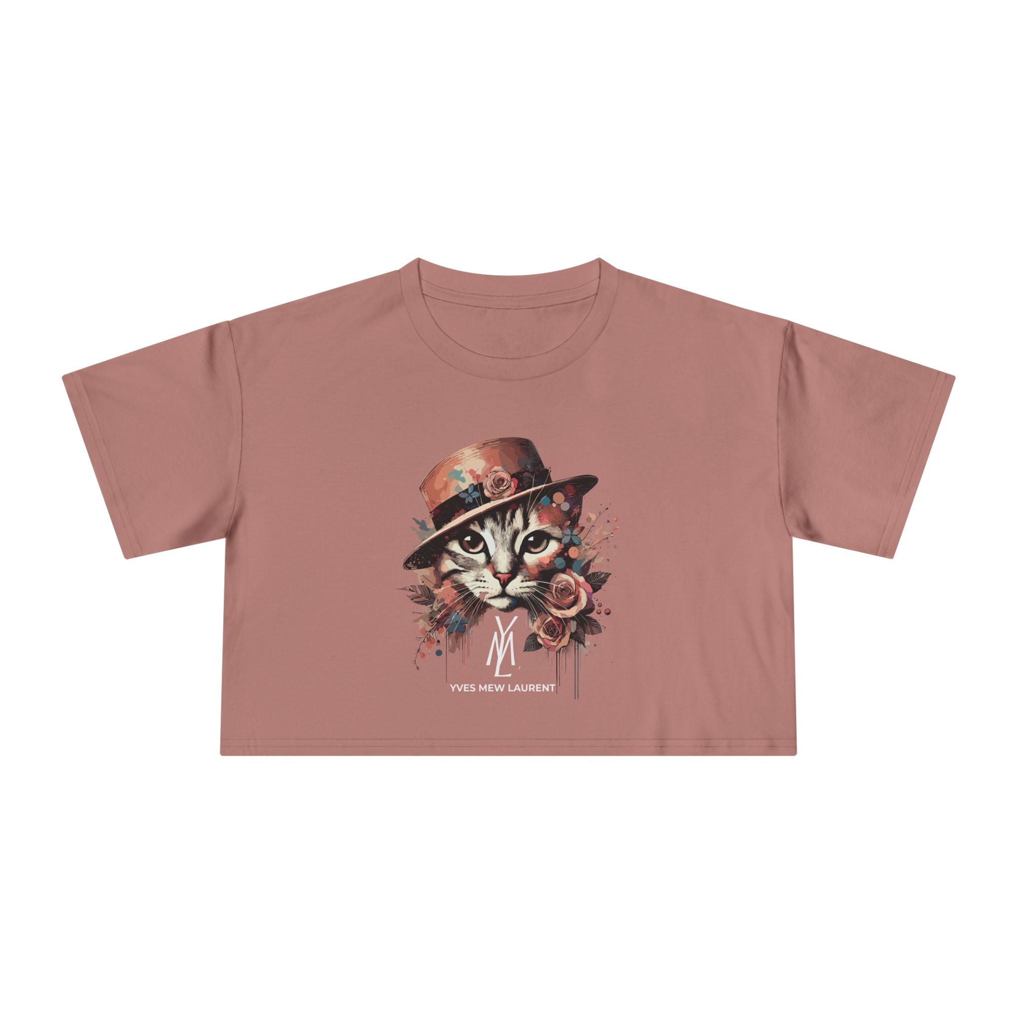 Yves Mew Laurent cat graphic crop top, orchid pink womens tee shirt with cats