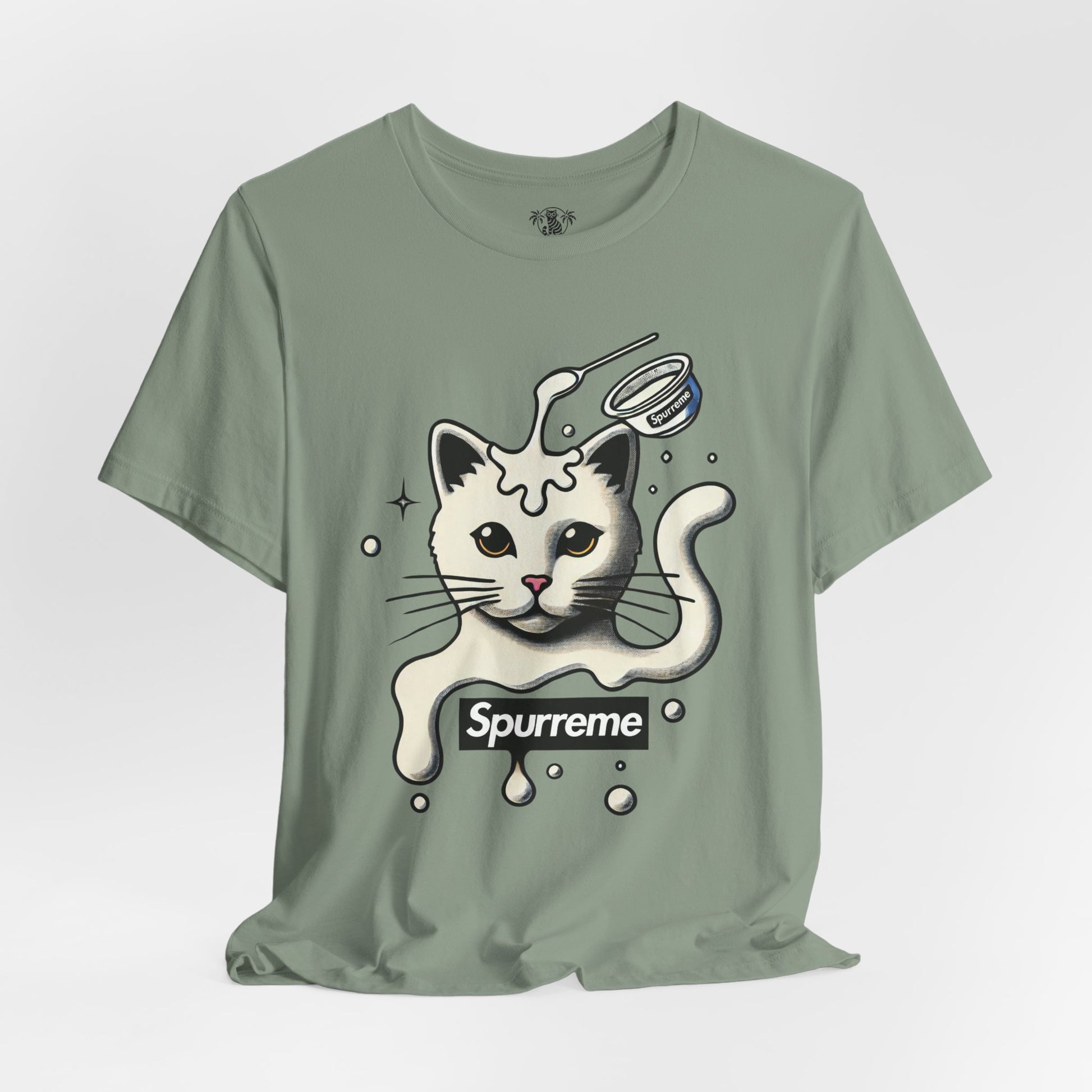 Sage Spurreme Milky Mischief Cat Graphic t shirt flat lay – cat themed apparel