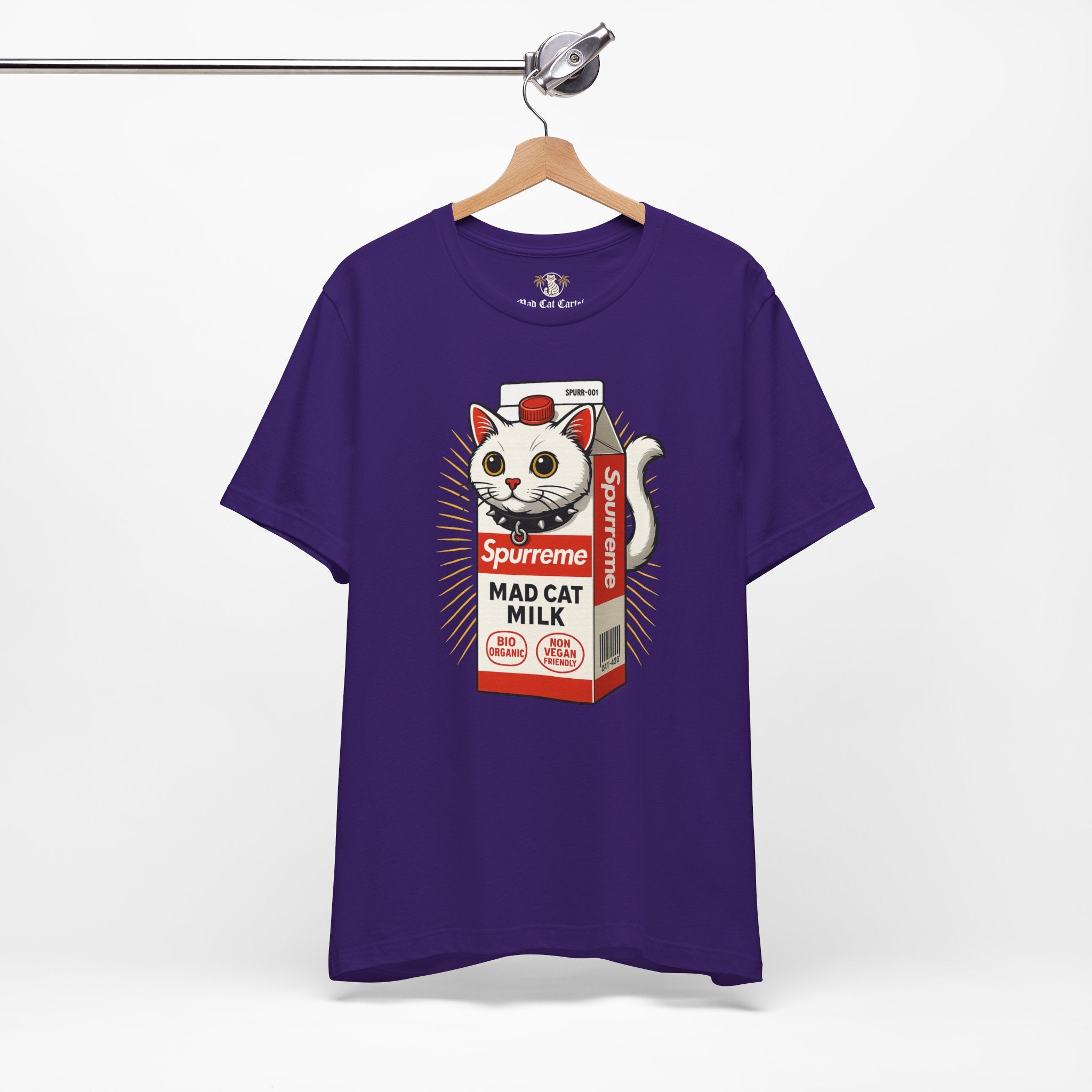 Team Purple Spurreme Mad Cat Organic Milk t shirt on hanger front view – funny adult shirts