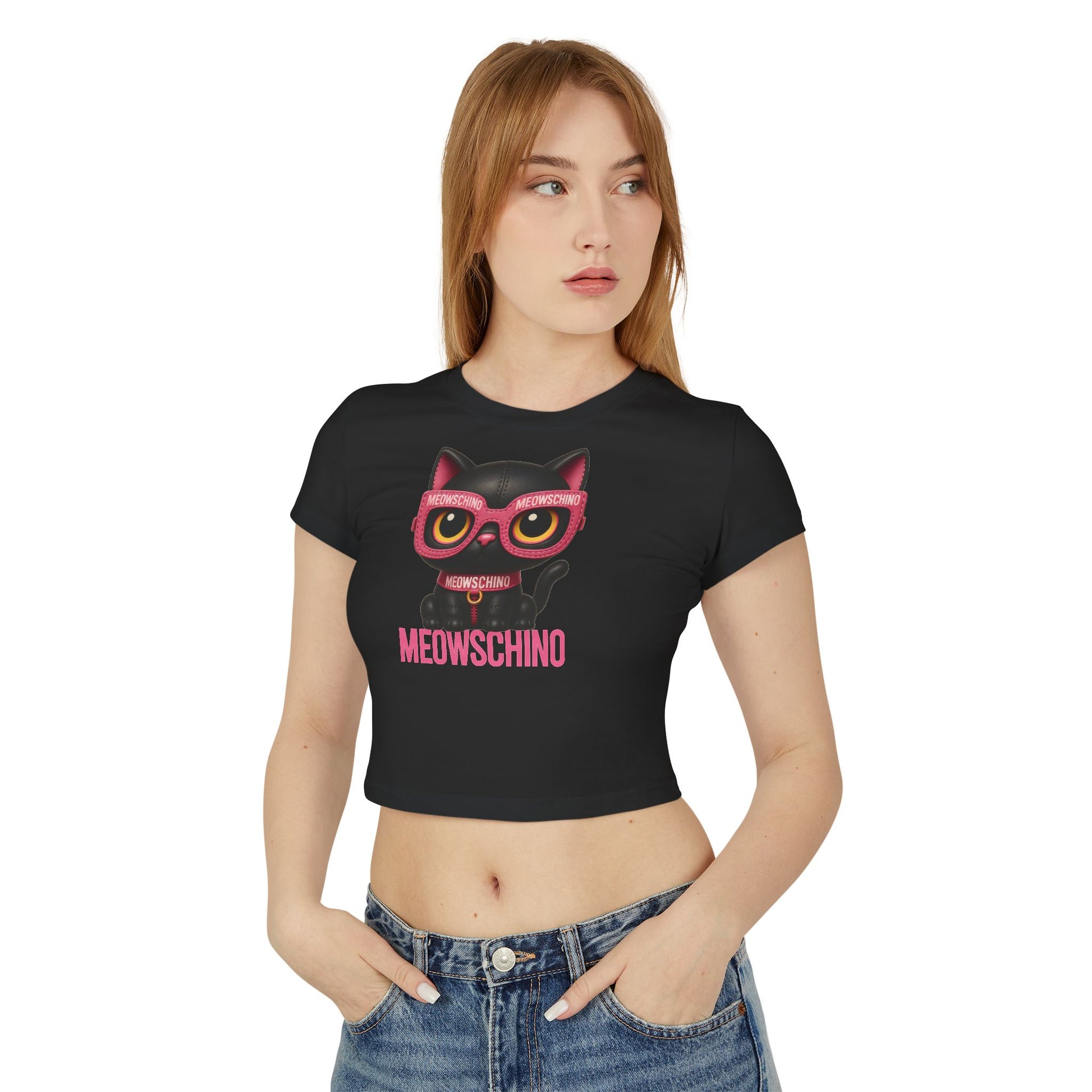Black baby tee modeled front view cat themed baby tee
