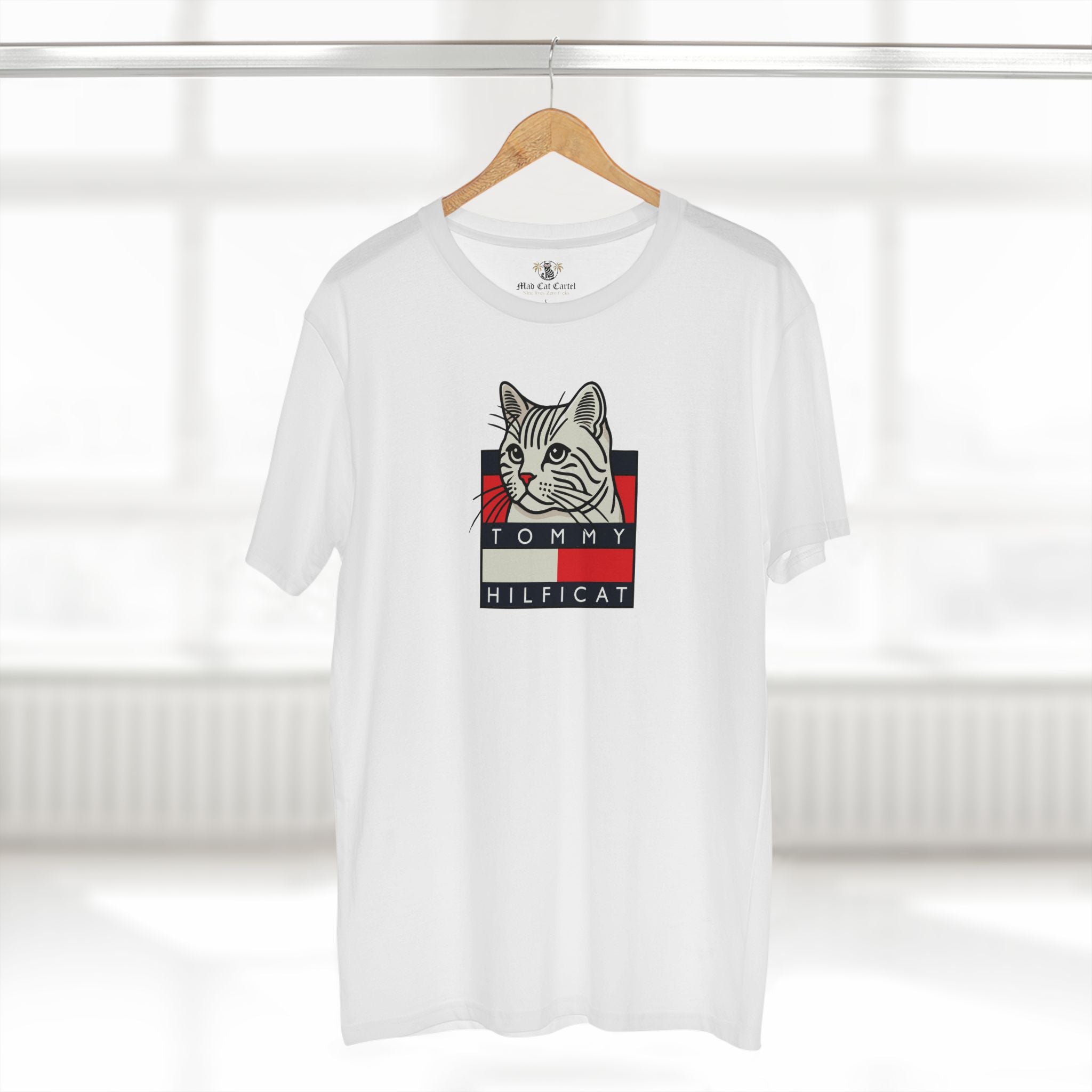 White cat themed T Shirt on hanger, gifts for cat dads