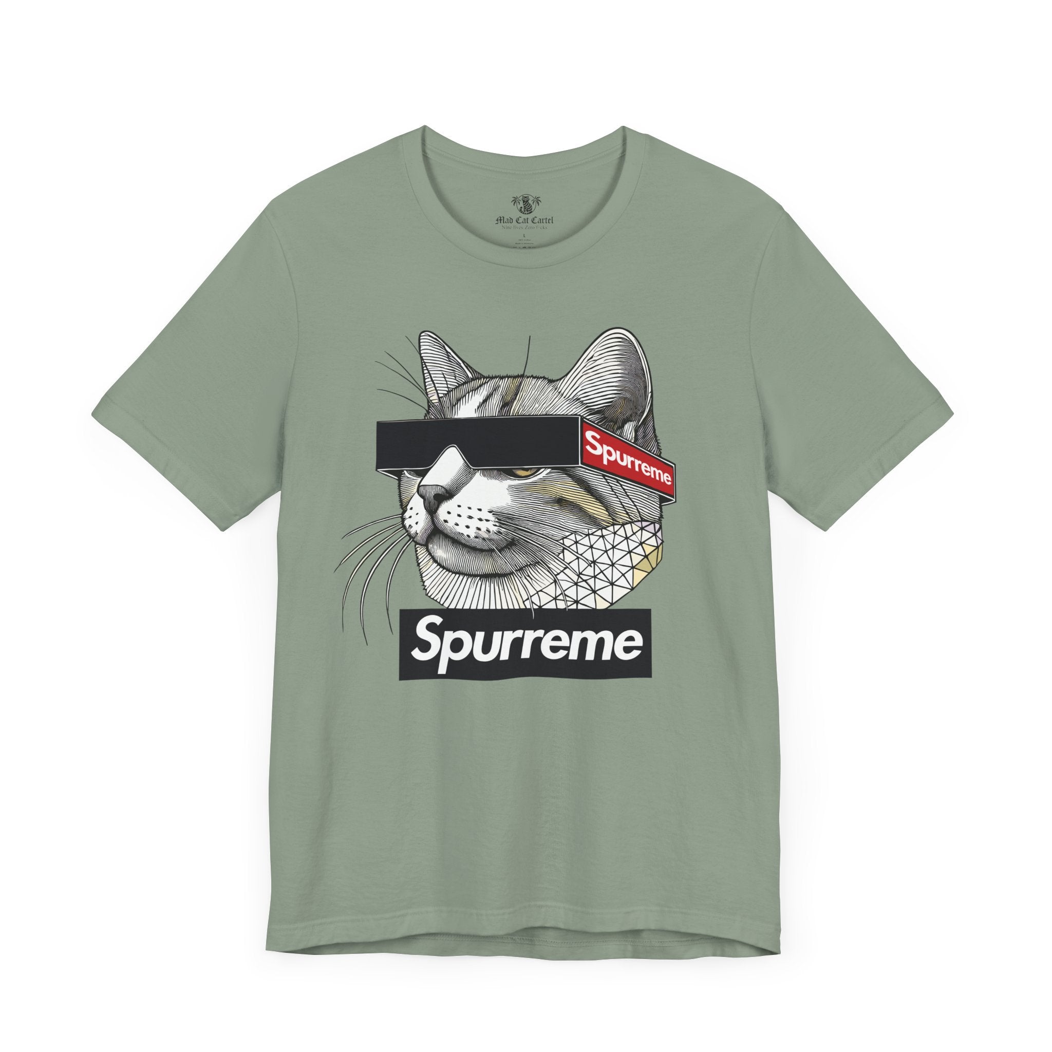 Spurreme Triangular Vision Cat Graphic T Shirt in Sage flat lay, cat shirts for women