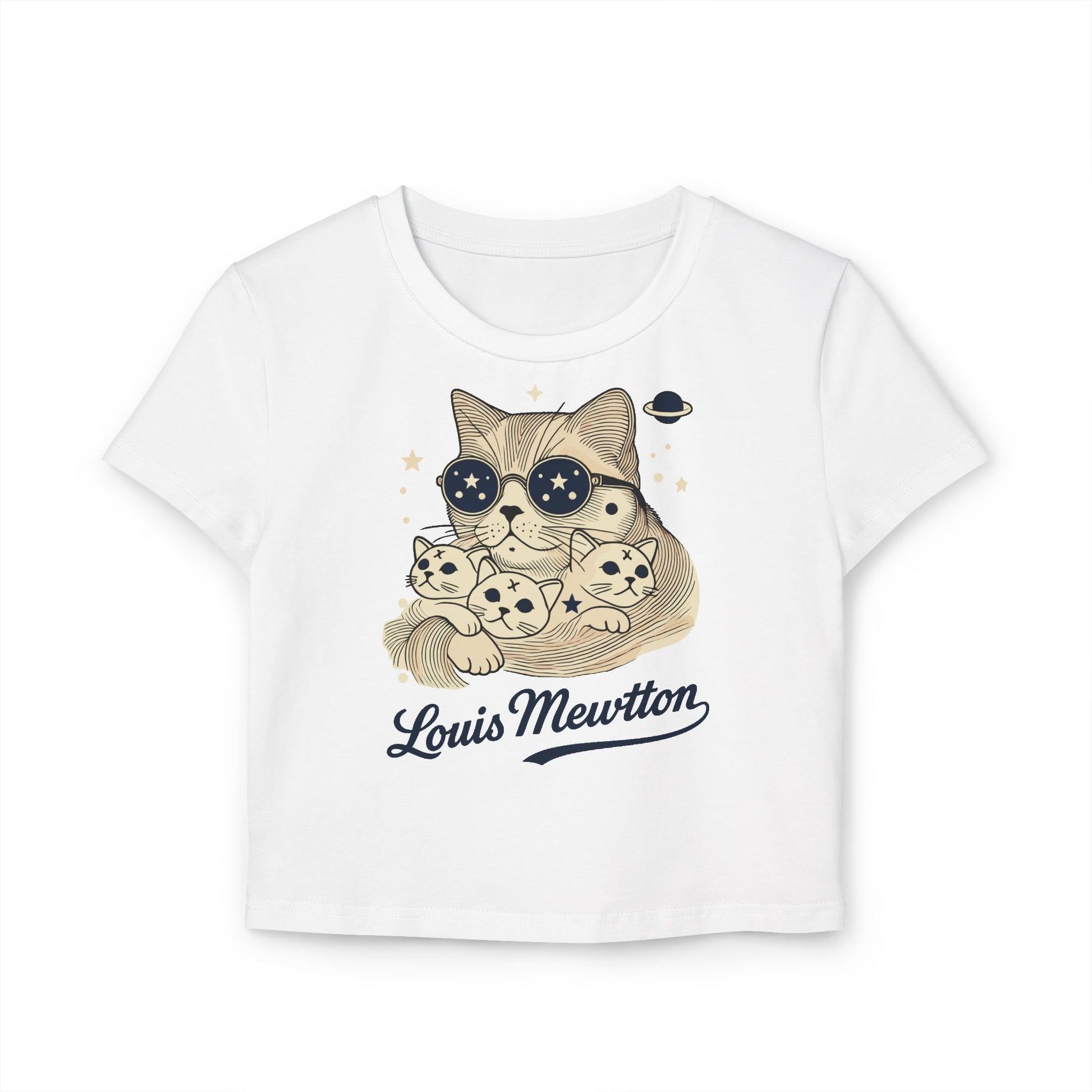 White Louis Mewtton Galactic Fam Cat Graphic Women's Baby Tee flat front view