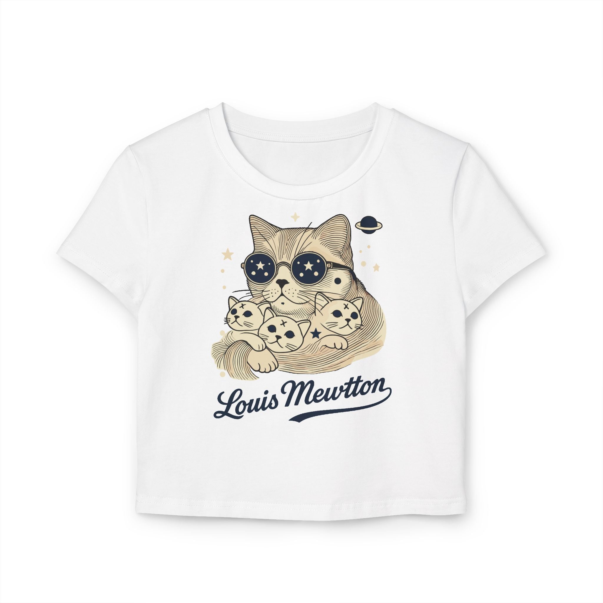 White Louis Mewtton Galactic Fam Cat Graphic Women's Baby Tee flat front view