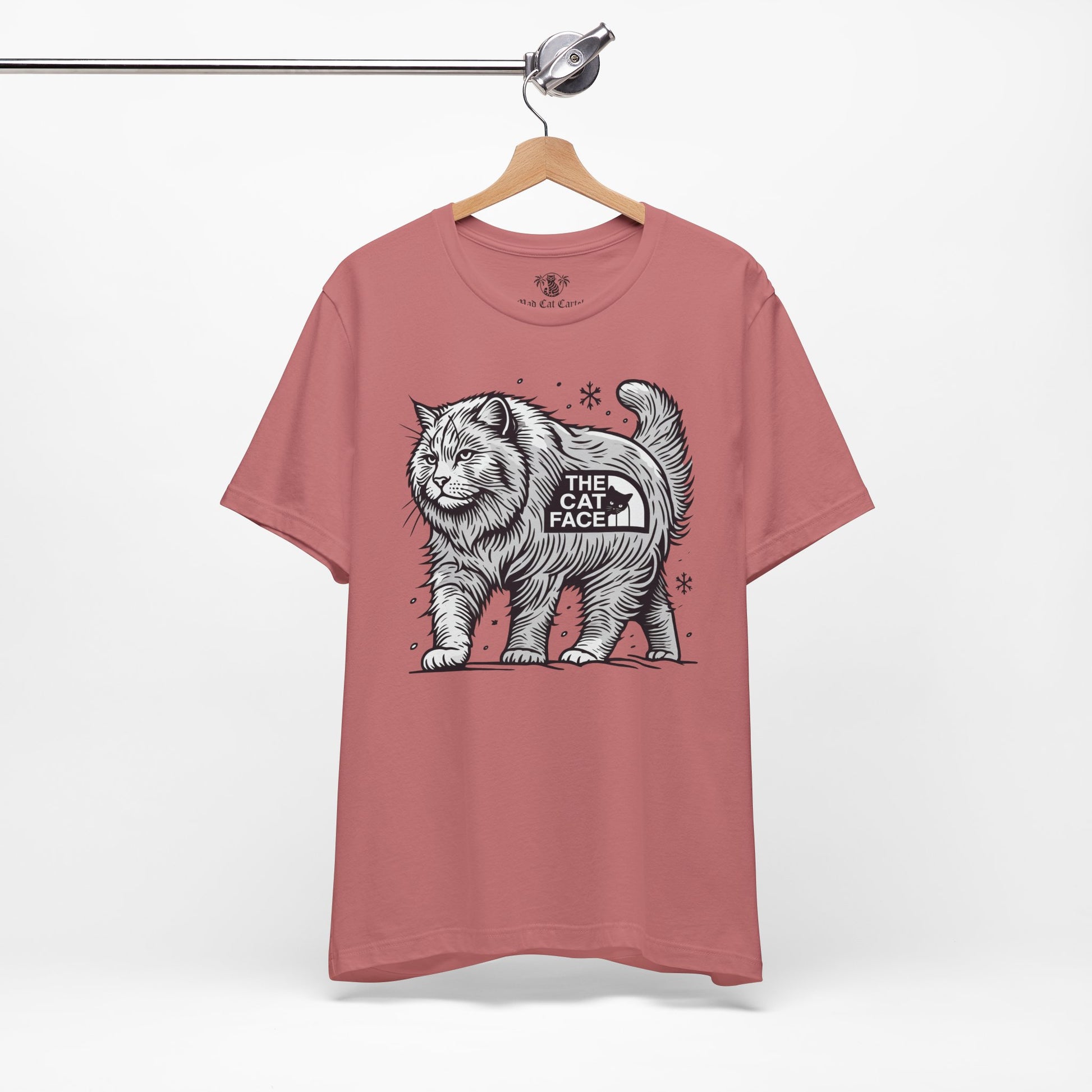 Mauve Snow Explorer cat graphic t shirt on hanger – shirts for cat lovers