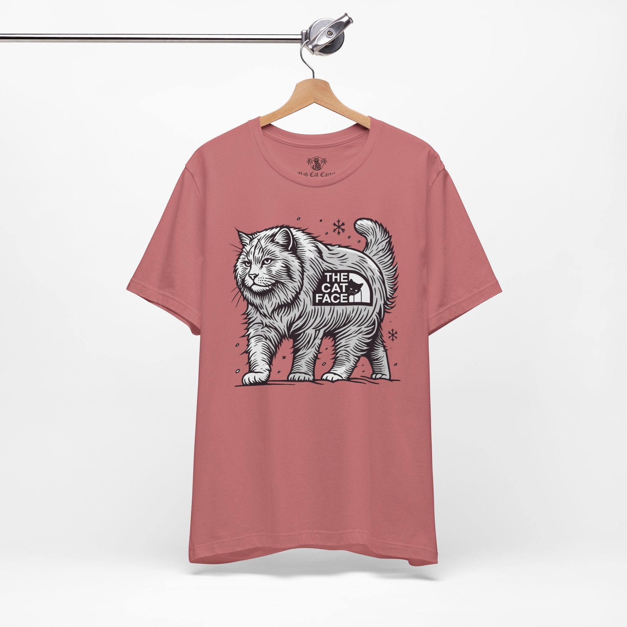 Mauve Snow Explorer cat graphic t shirt on hanger – shirts for cat lovers