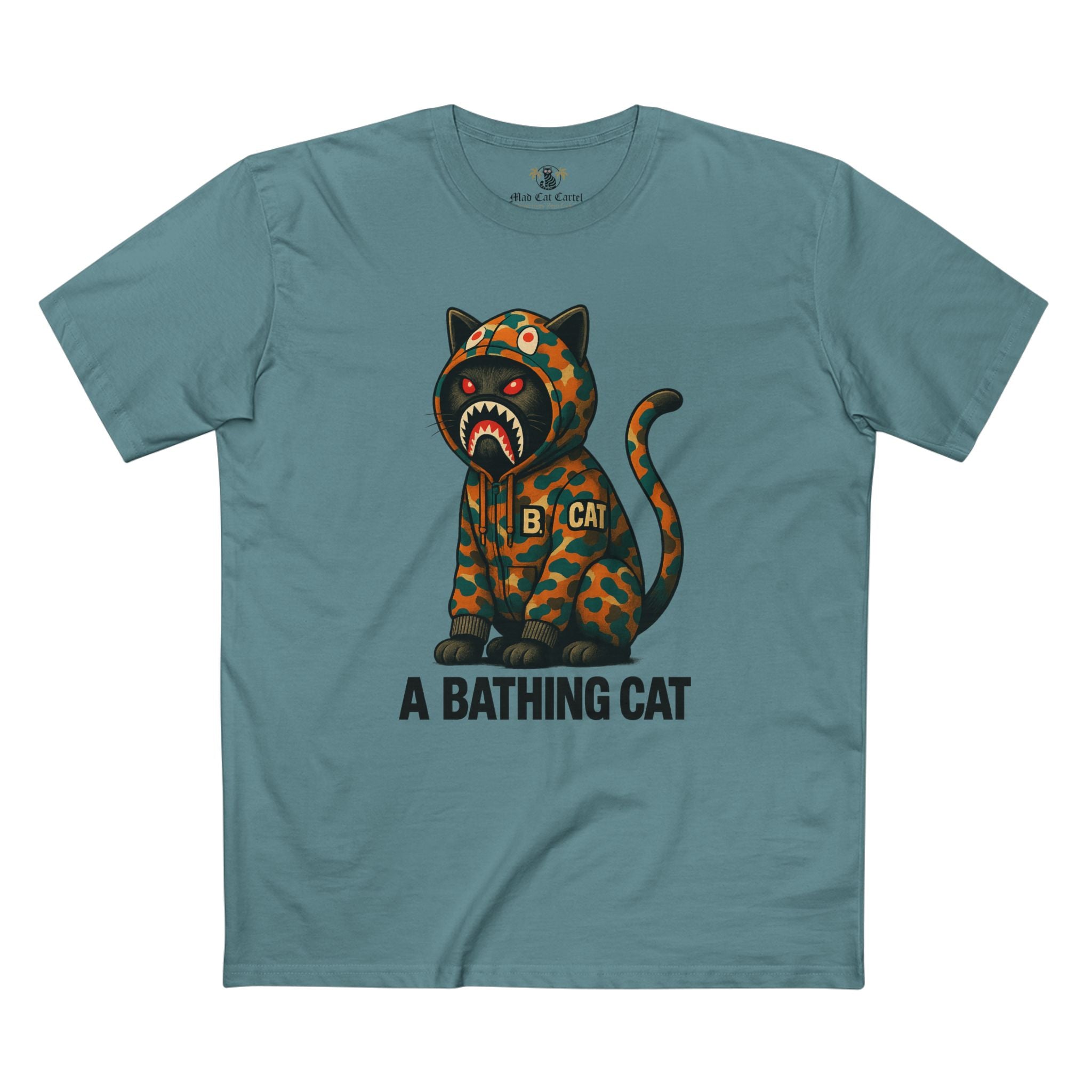 slate blue A Bathing Cat jungle predator t shirt, cat graphic tee for men and women
