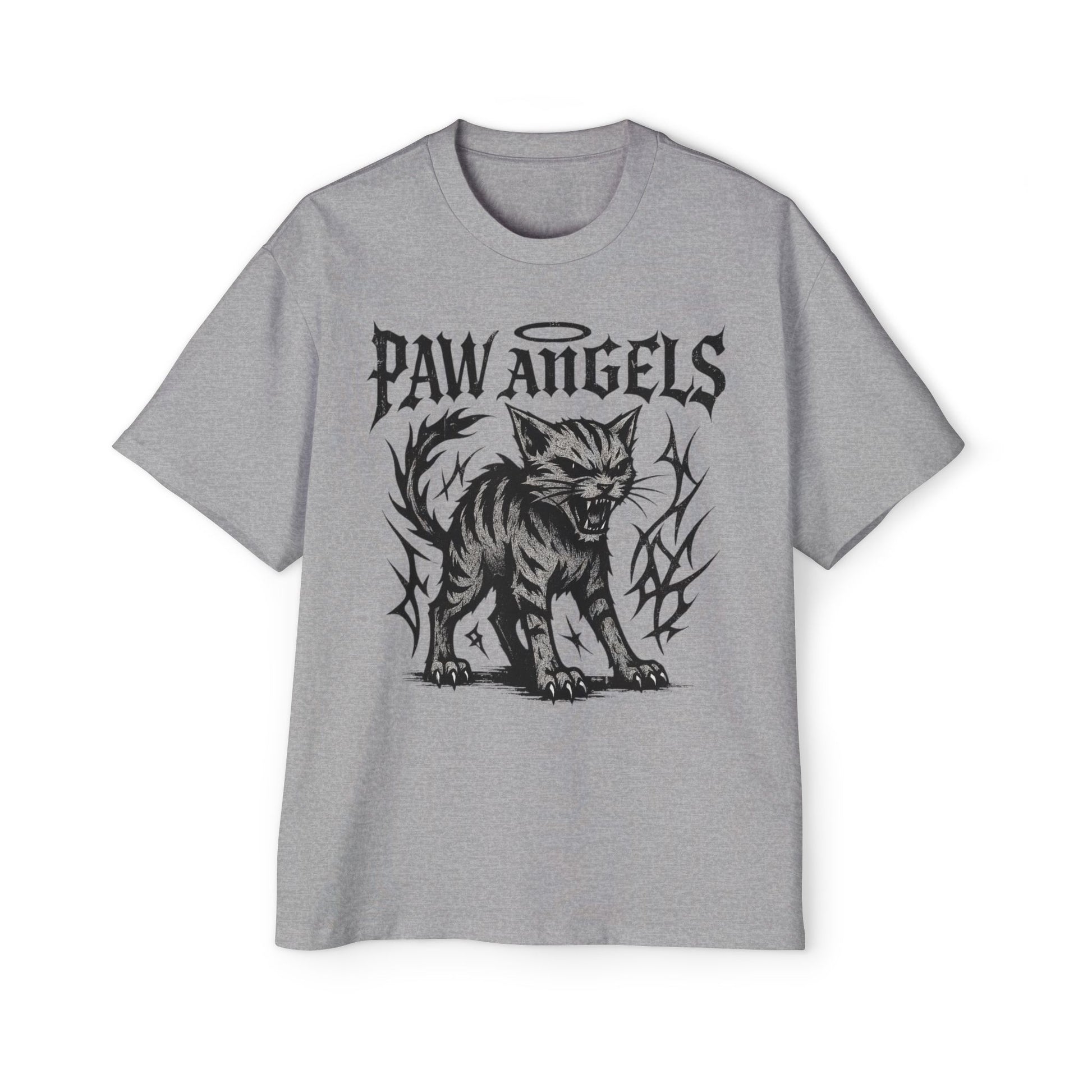 Front view of Paw Angels Hellcat athletic heather gray men's oversized cat t-shirt – gift ideas for cat owners