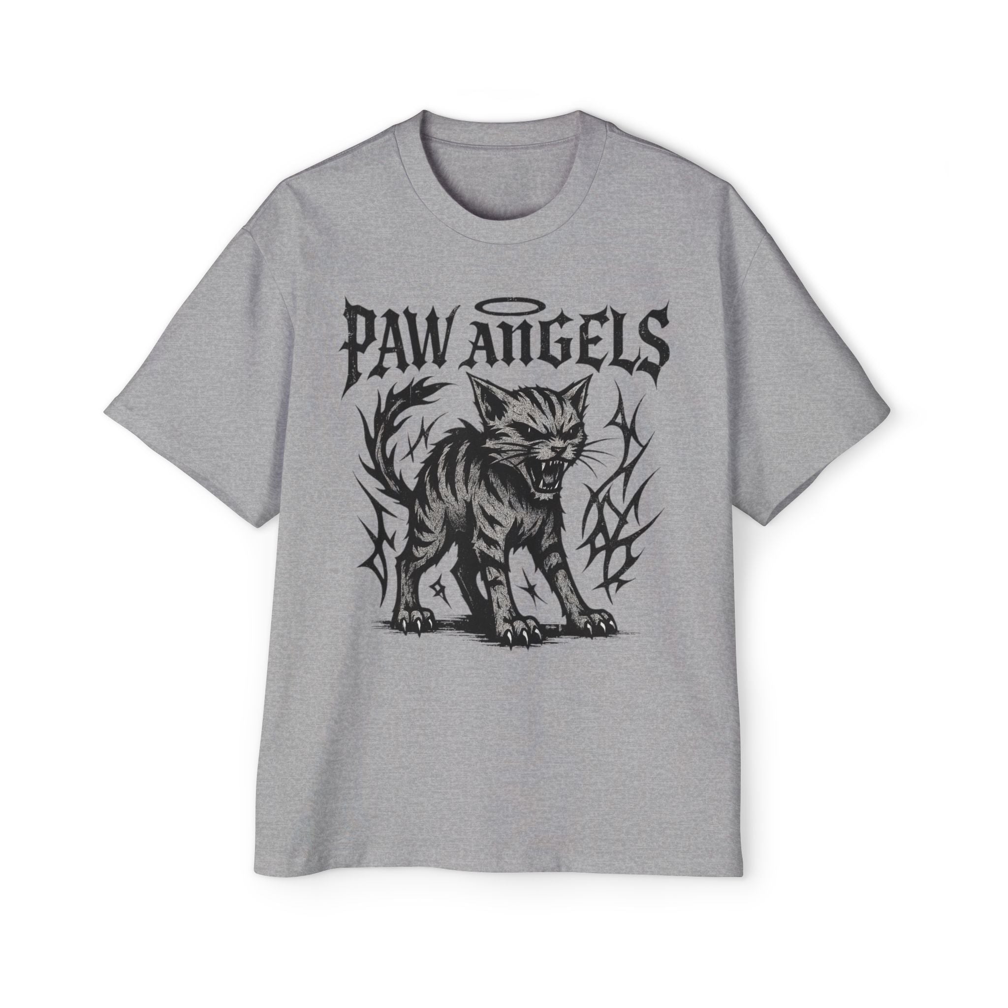 Front view of Paw Angels Hellcat athletic heather gray men's oversized cat t-shirt – gift ideas for cat owners
