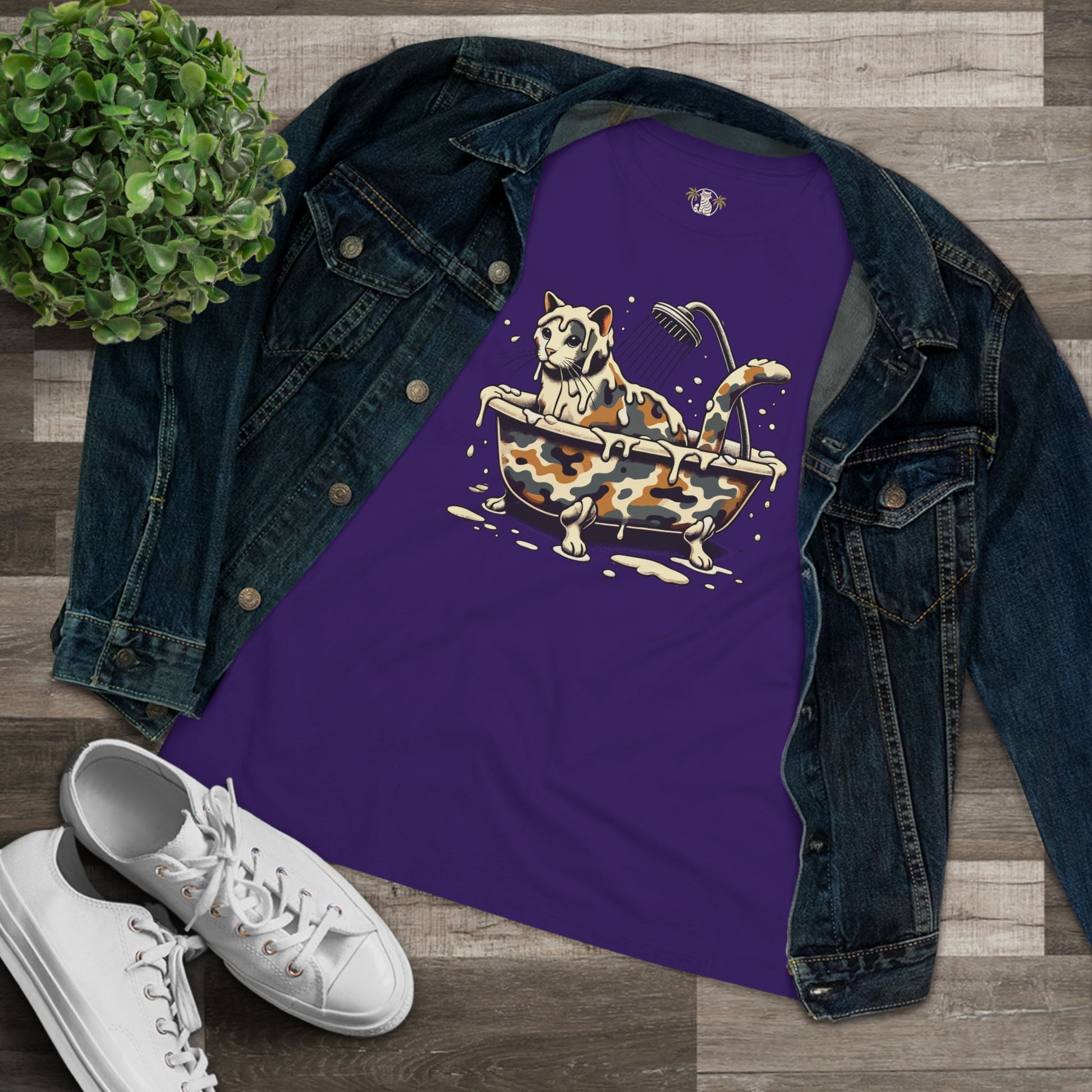Team Purple cat lover shirt womens flat lay with denim jacket and sneakers