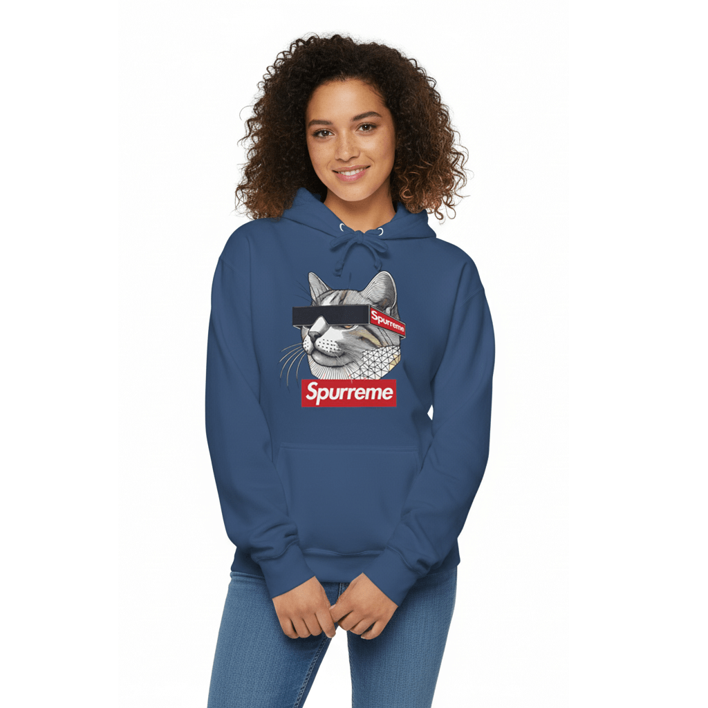 Female model posing in True Navy Spurreme Triangular Vision Cat Hoodie modern parody hoodie for cat lovers
