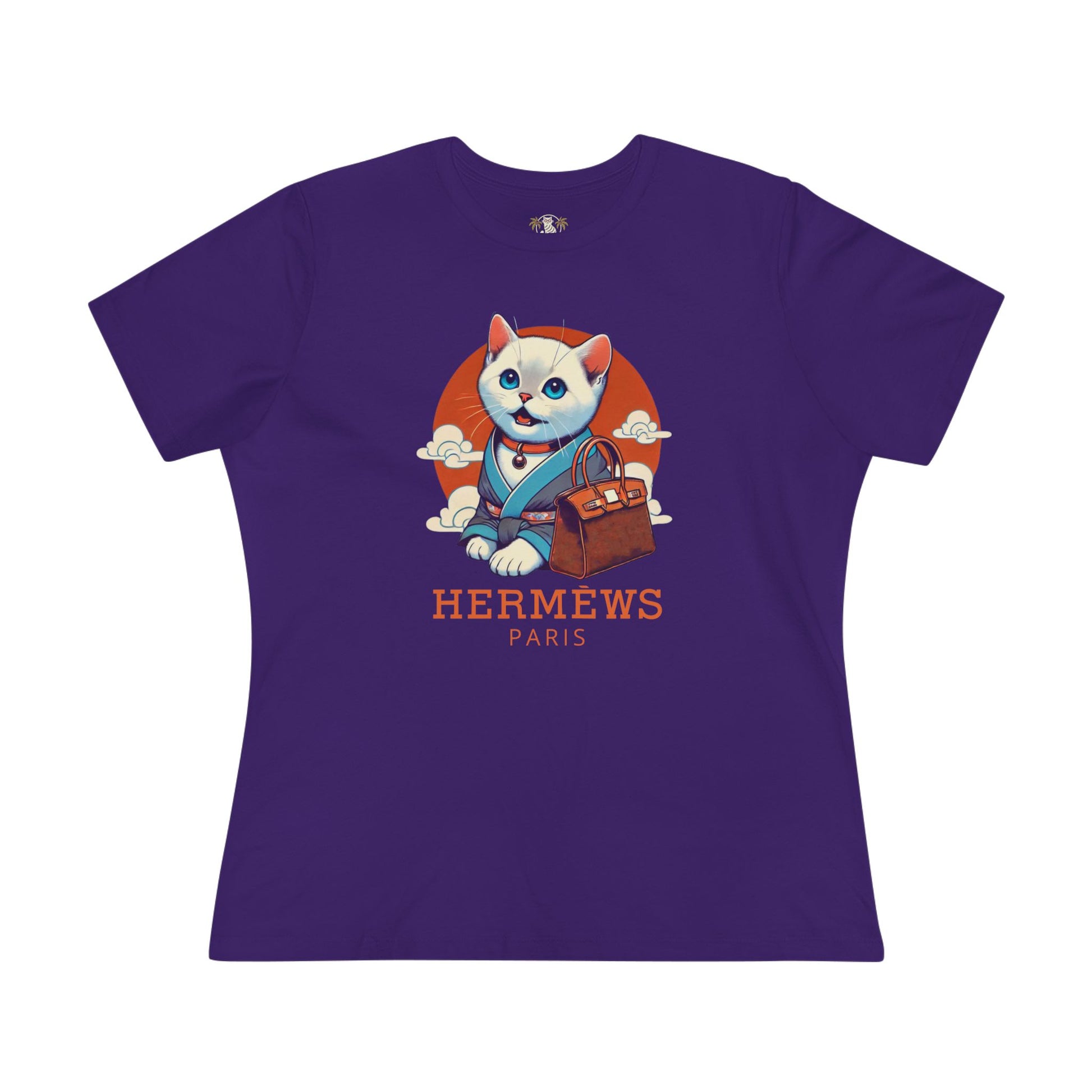 Hermèws Paris Birkin Cat Women’s Team Purple Graphic T Shirt flat lay front view