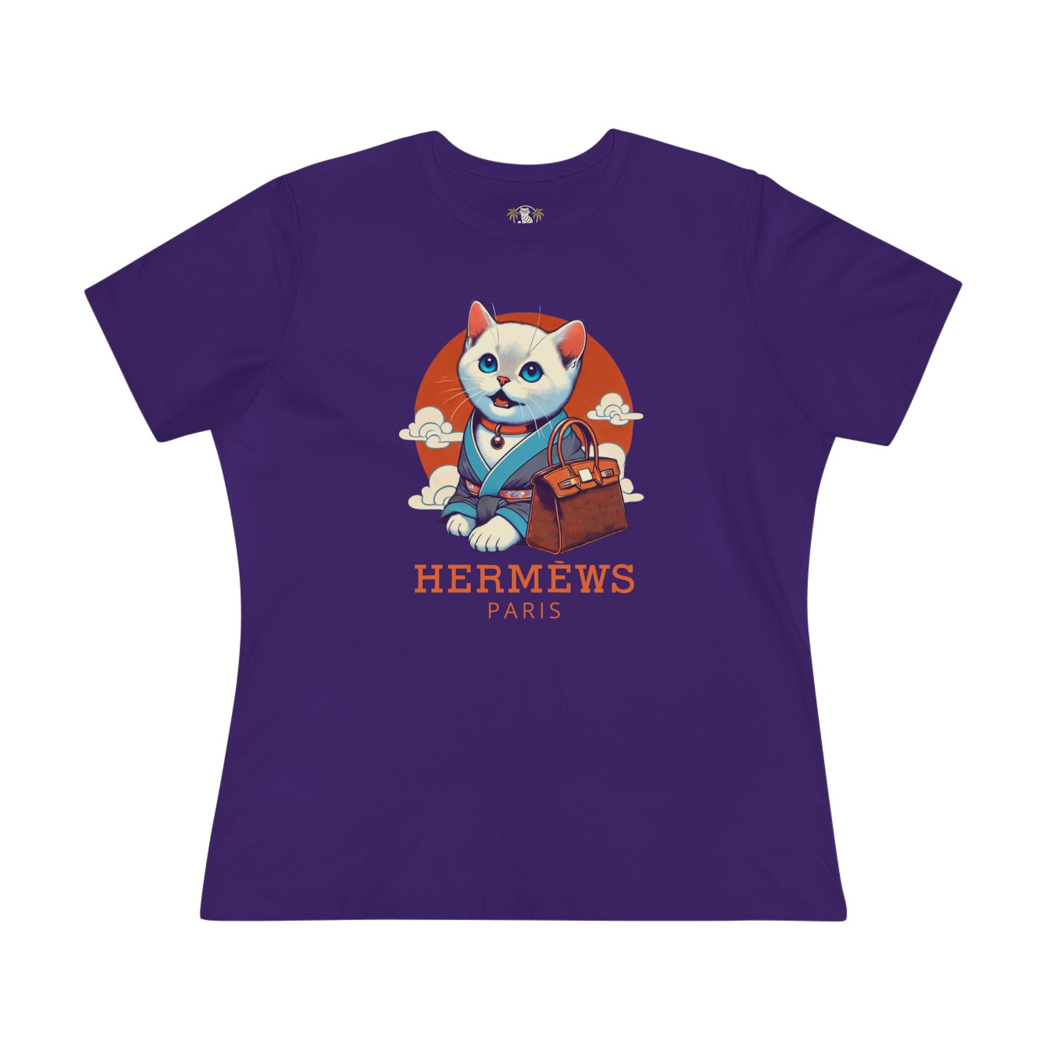 Hermèws Paris Birkin Cat Women’s Team Purple Graphic T Shirt flat lay front view