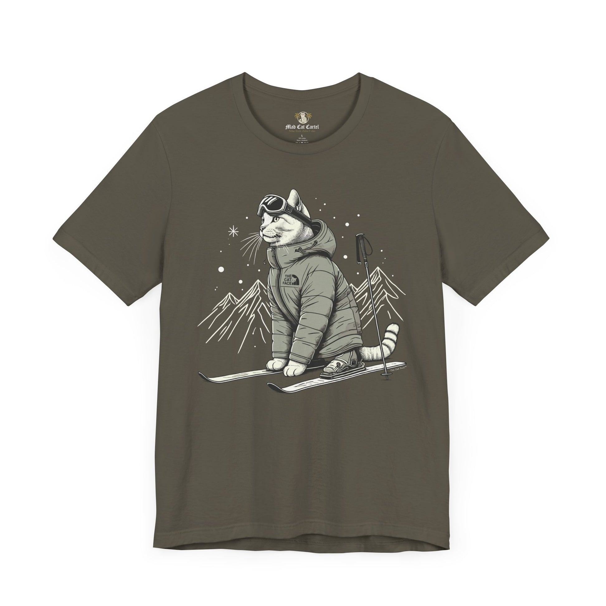 The Cat Face Alpine Explorer Graphic T-Shirt in army flat lay, cat clothes for humans