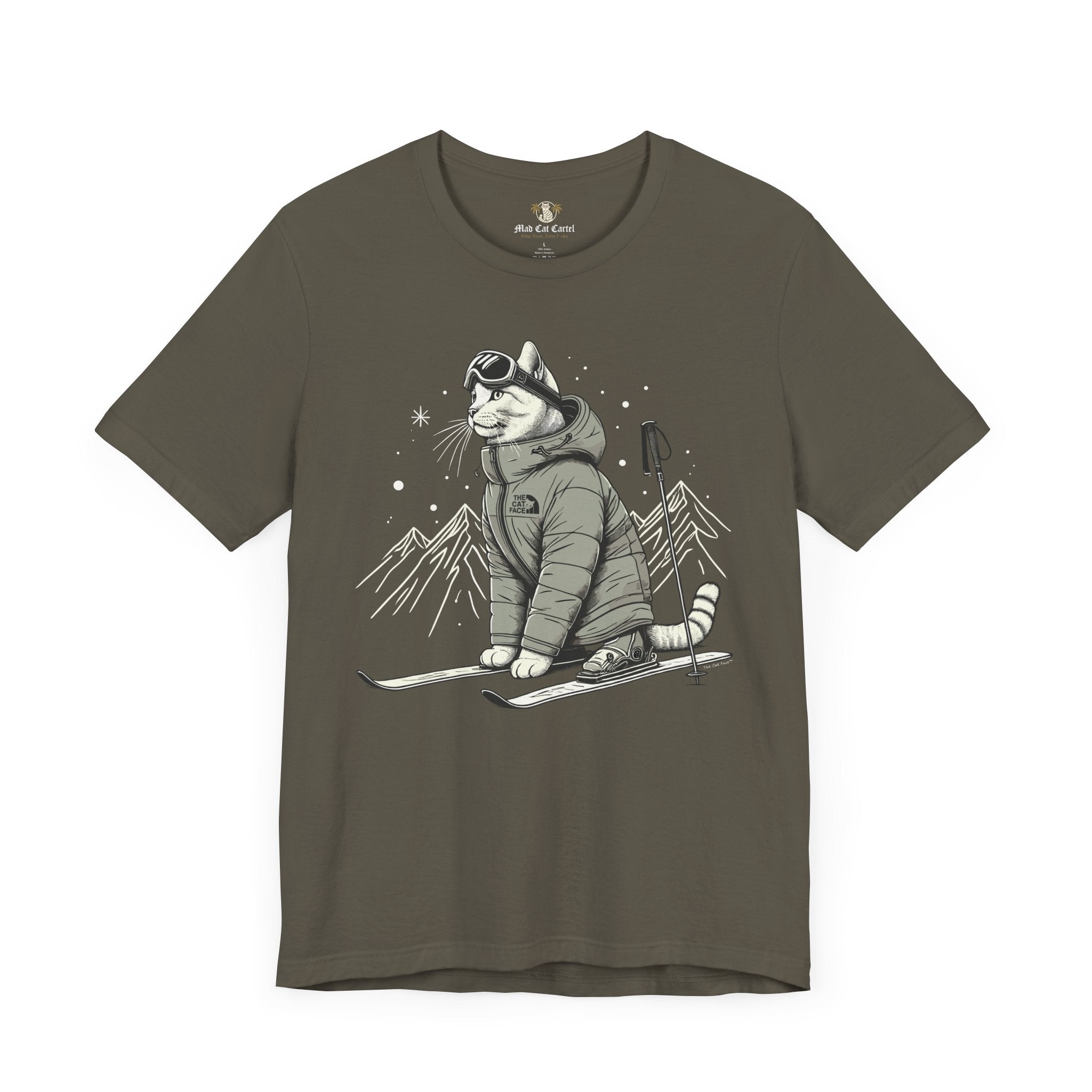 The Cat Face Alpine Explorer Graphic T-Shirt in army flat lay, cat clothes for humans