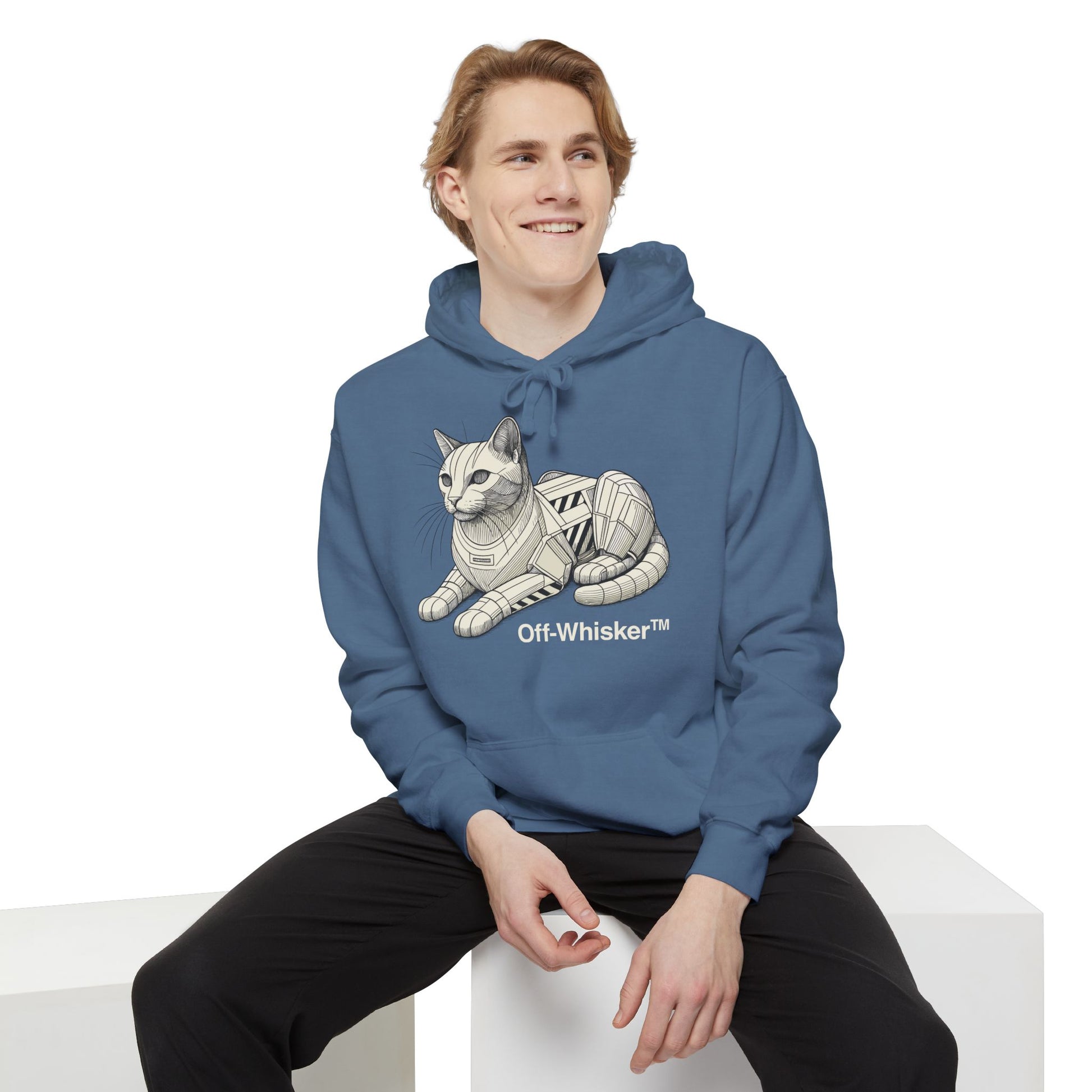 Man modeling Off-Whisker mechanical feline hoodie in blue jean, cat lover hoodie