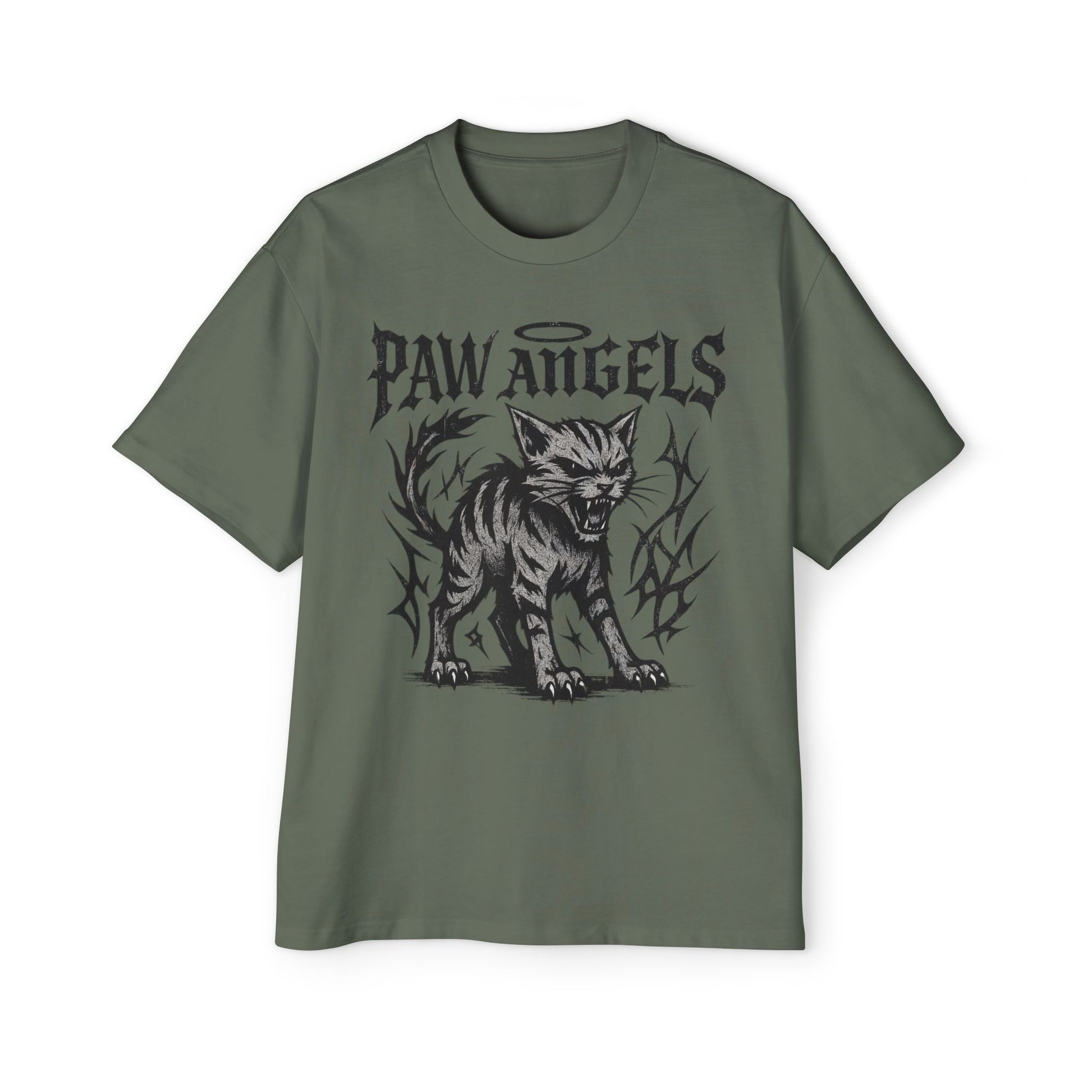 Front view of Paw Angels Hellcat cypress green men's oversized cat t-shirt – cat lover t shirt