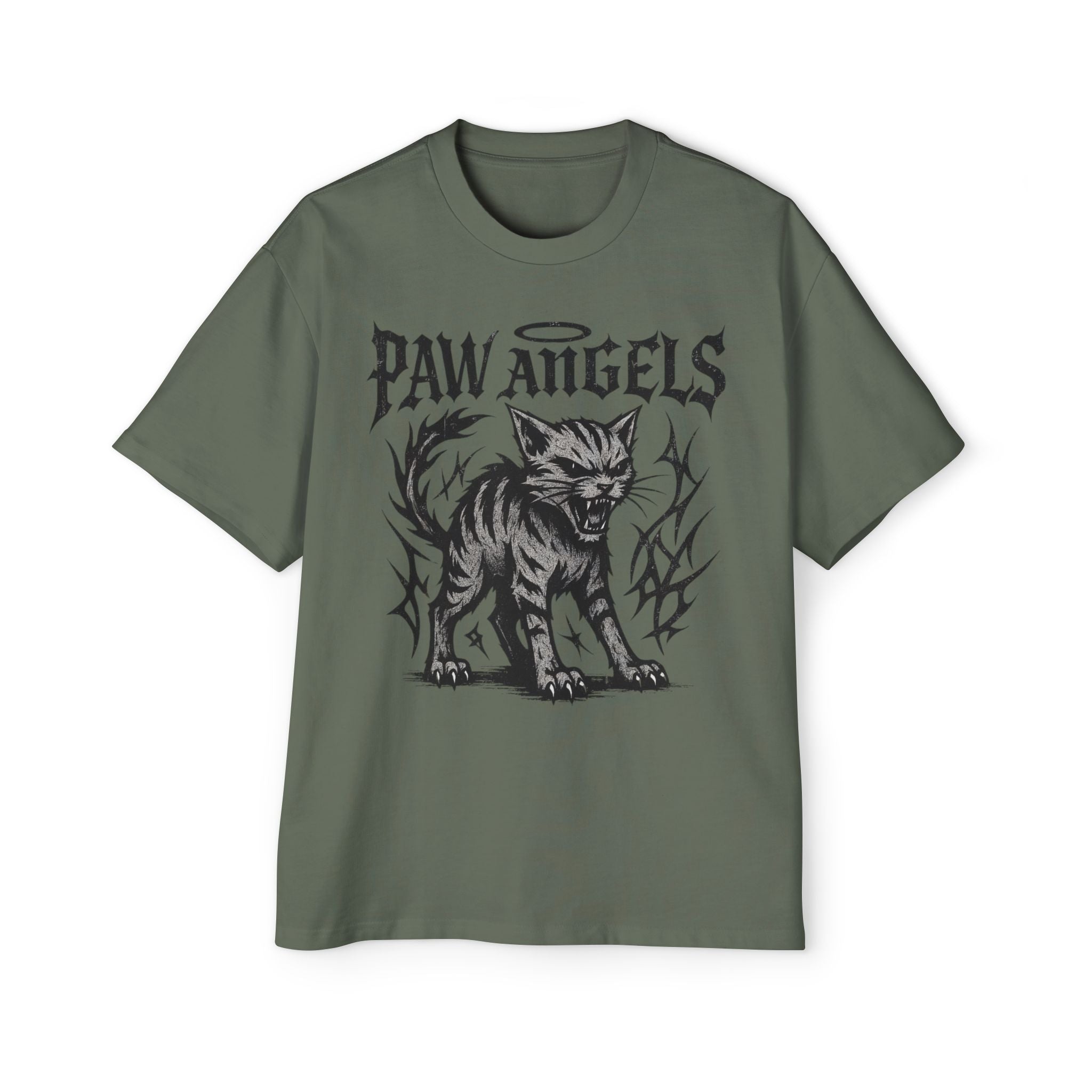 Front view of Paw Angels Hellcat cypress green men's oversized cat t-shirt – cat lover t shirt
