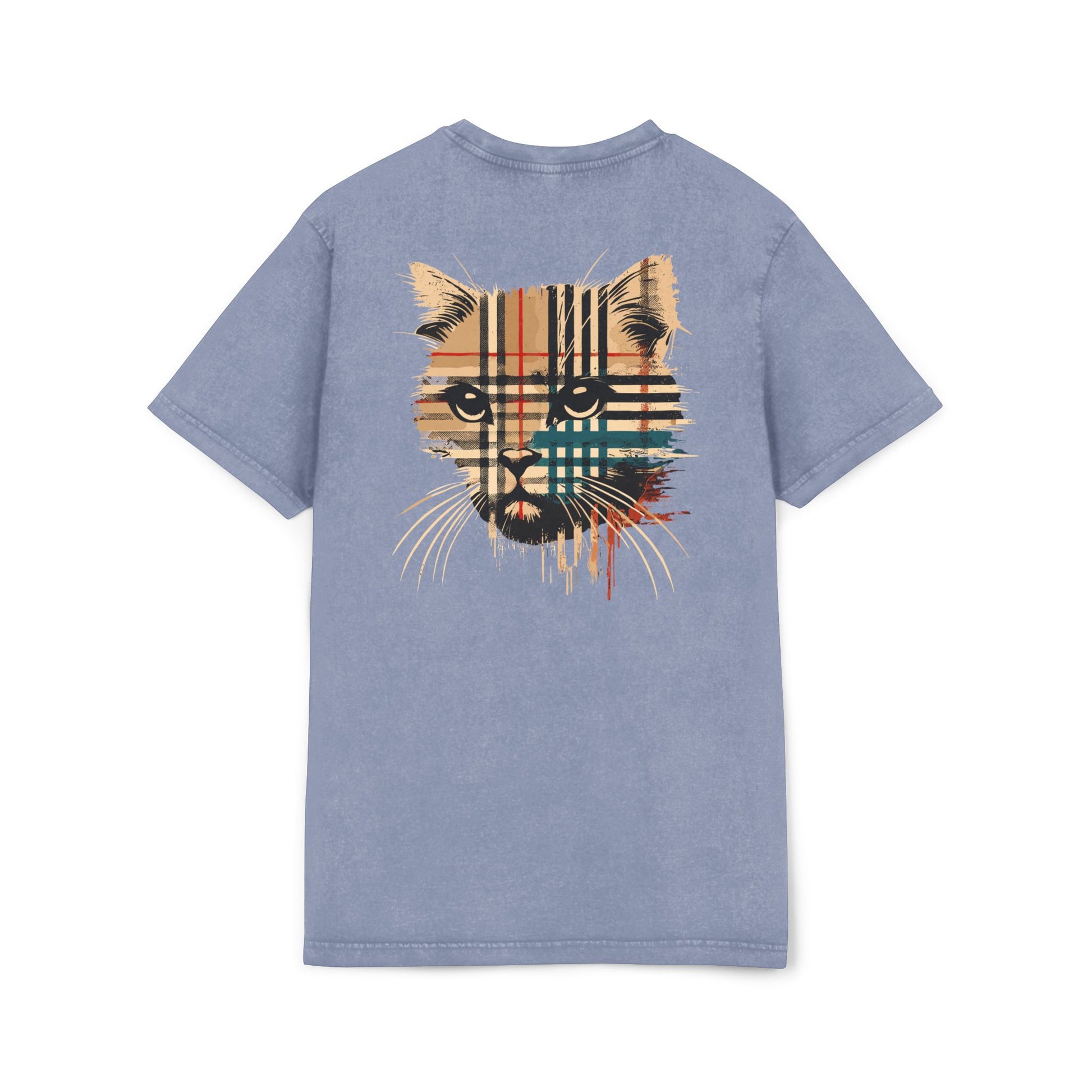 Back view of Purrberry London Spray Crest Vintage Blue Cat Graphic T Shirt, cat t shirts for women