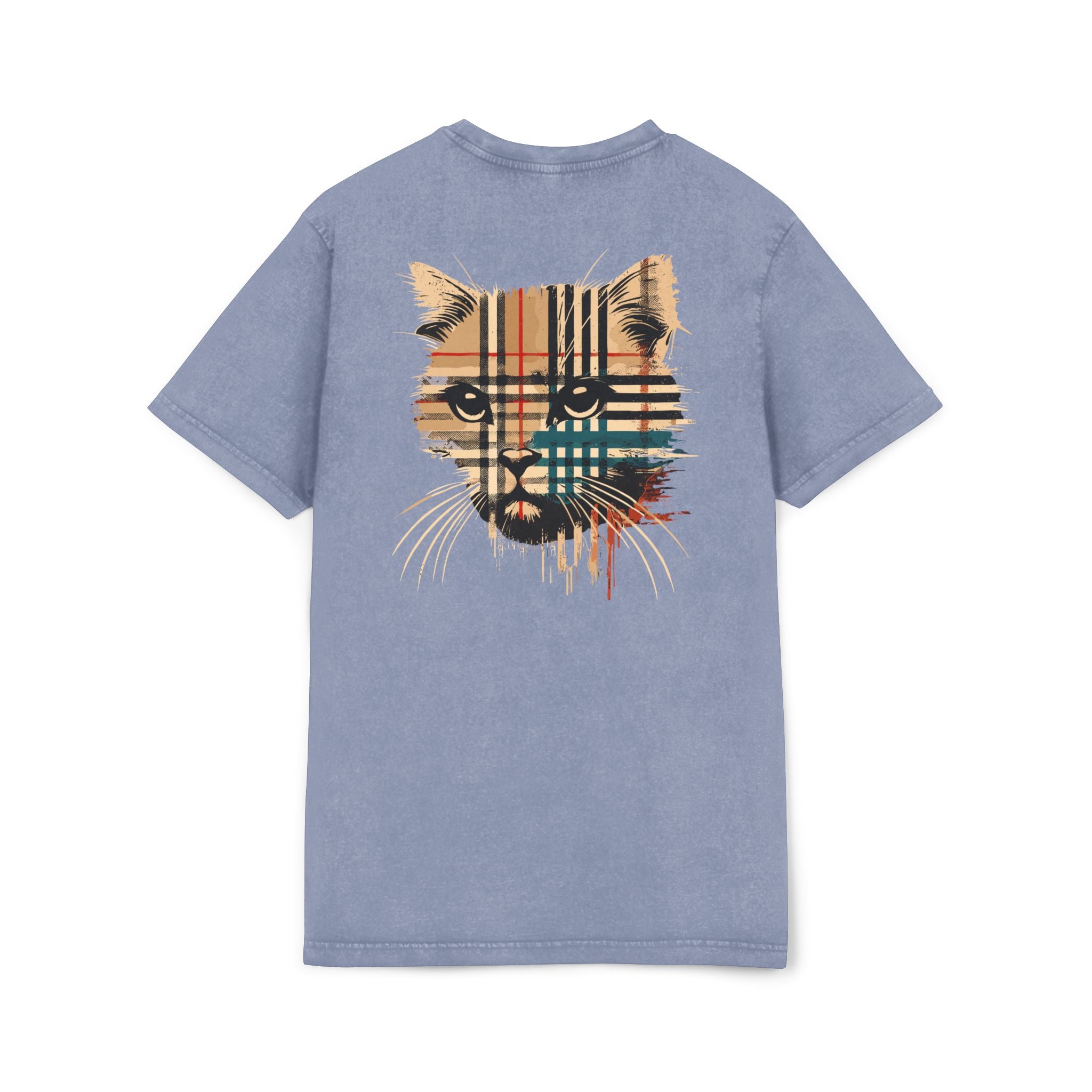 Back view of Purrberry London Spray Crest Vintage Blue Cat Graphic T Shirt, cat t shirts for women