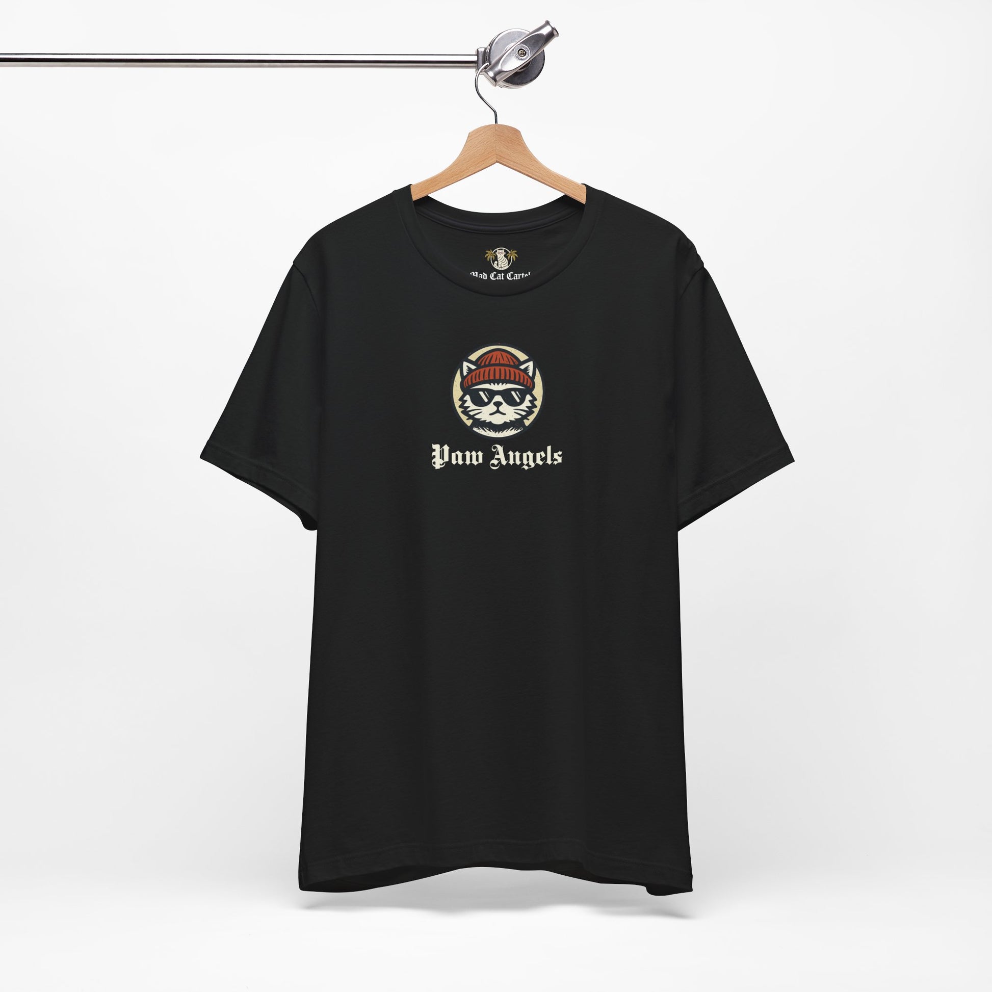 Black Paw Angels Born to Fly street angel cat t-shirt on hanger – funny cat t shirt