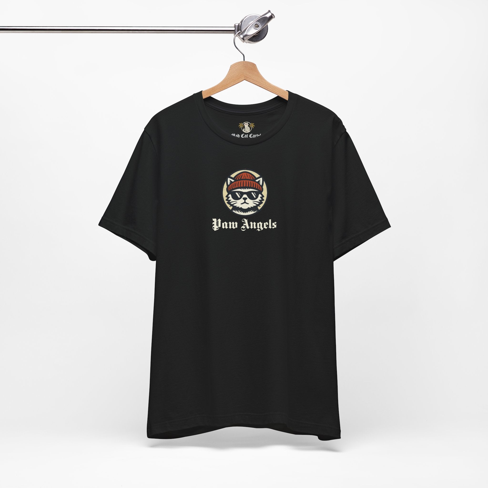 Black Paw Angels Born to Fly street angel cat t-shirt on hanger – funny cat t shirt