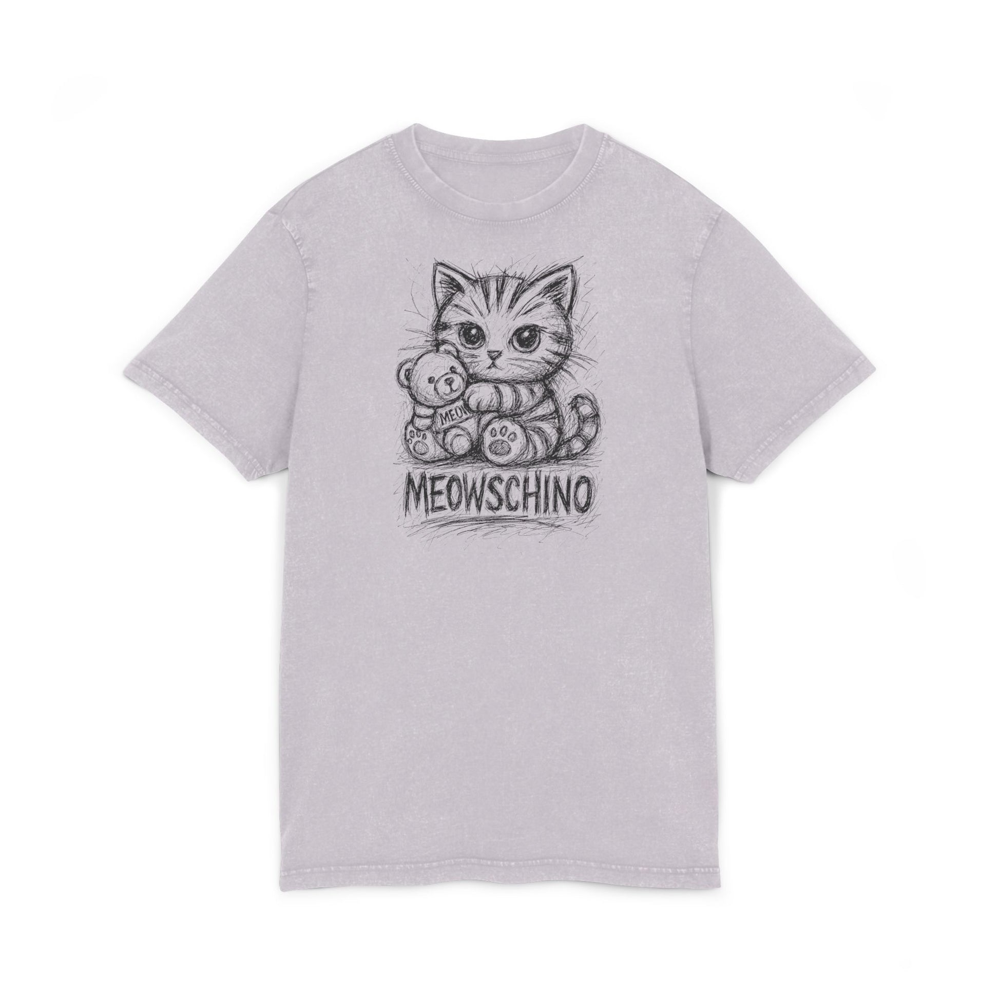 Meowschino Sketch Teddy Cat Acid Washed Graphic T Shirt, cat graphic t shirt soft lilac purple front view