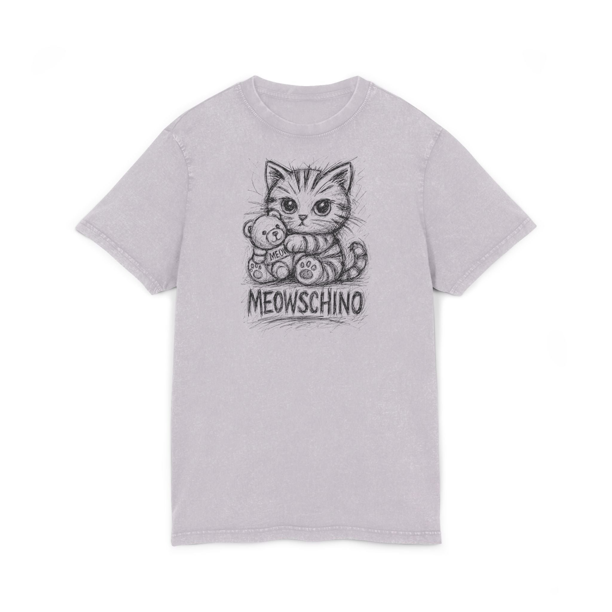 Meowschino Sketch Teddy Cat Acid Washed Graphic T Shirt, cat graphic t shirt soft lilac purple front view