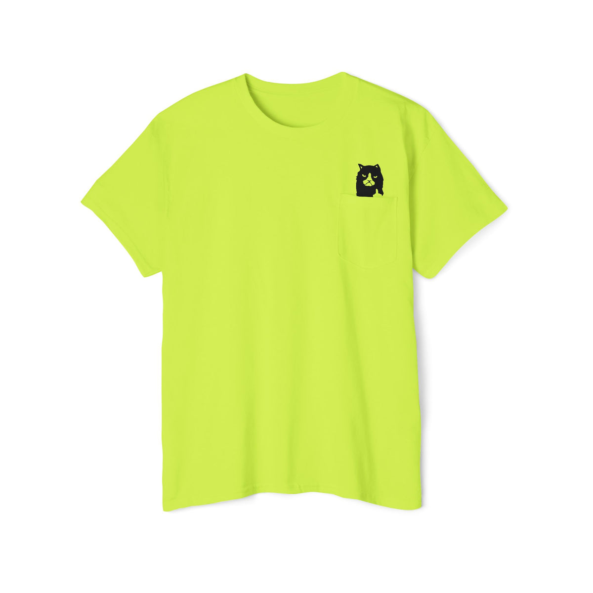 A Bathing Cat mini logo pocket funny t shirt for men — neon chest print, lightweight Airlume combed ring-spun cotton