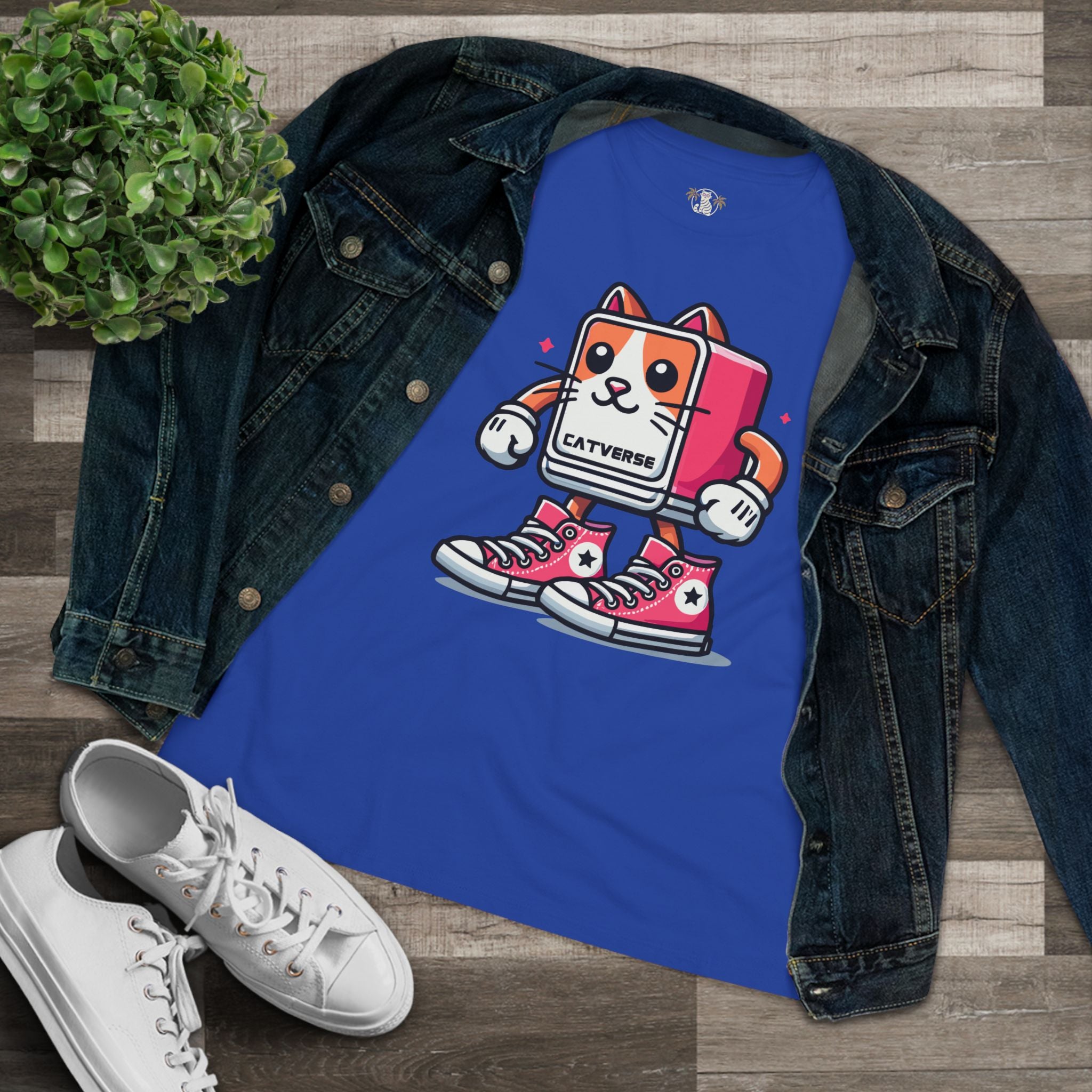 Royal Blue Catverse Pinkbot t shirt styled flat lay with denim jacket, cat lover t shirts, cat t shirts for women