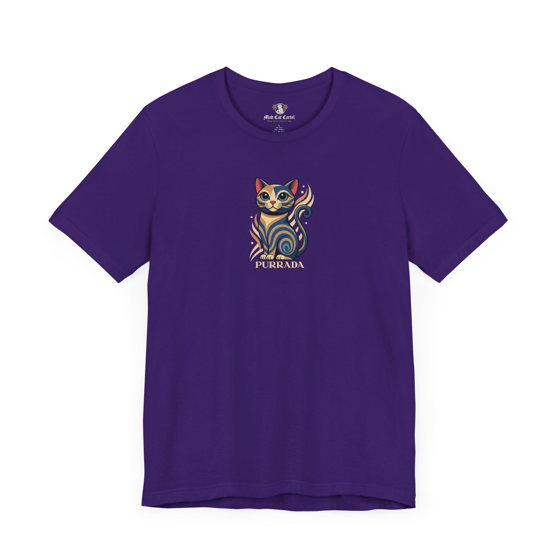 team purple t shirt front view, cute cat shirts, unisex style