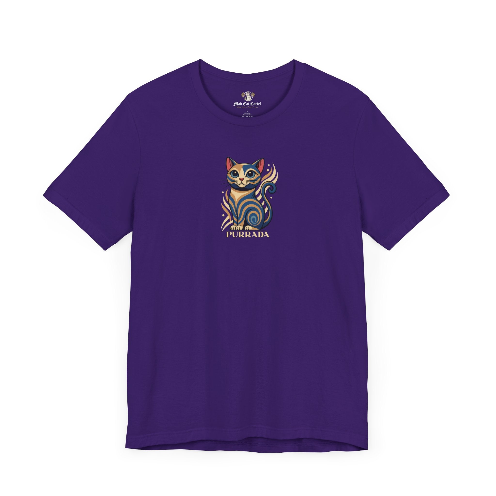 team purple t shirt front view, cute cat shirts, unisex style