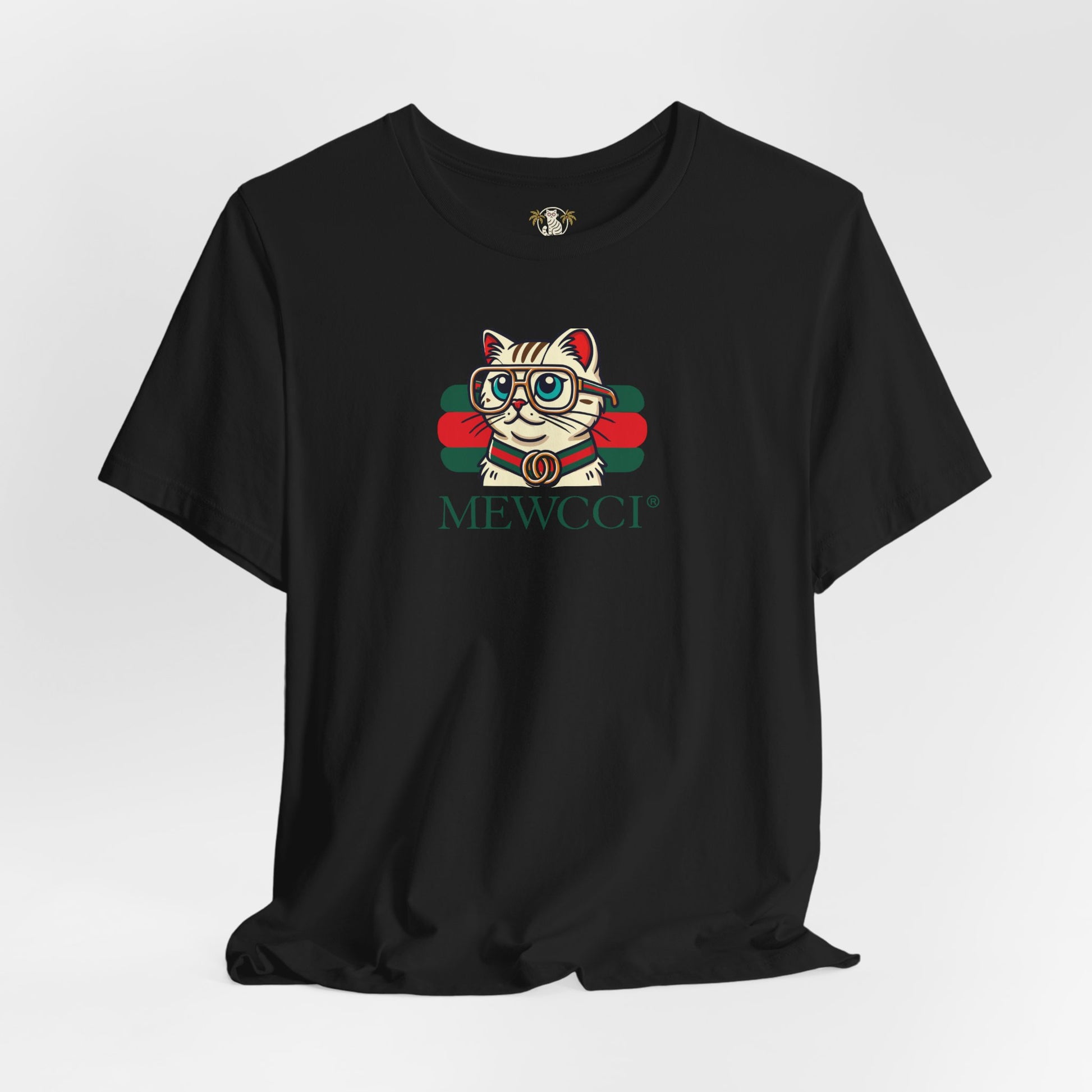 Mewcci Luxe Label Graphic Cat Graphic T-Shirt in Black laid flat – hilarious cat shirts, cat on a shirt