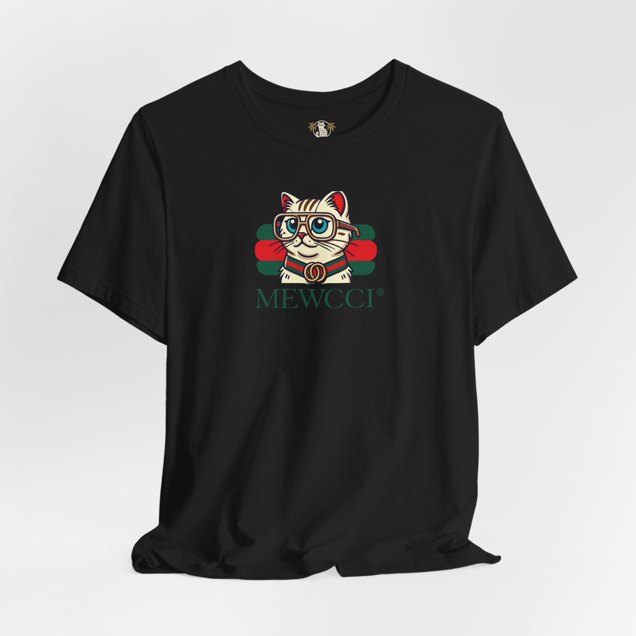 Mewcci Luxe Label Graphic Cat Graphic T-Shirt in Black laid flat – hilarious cat shirts, cat on a shirt