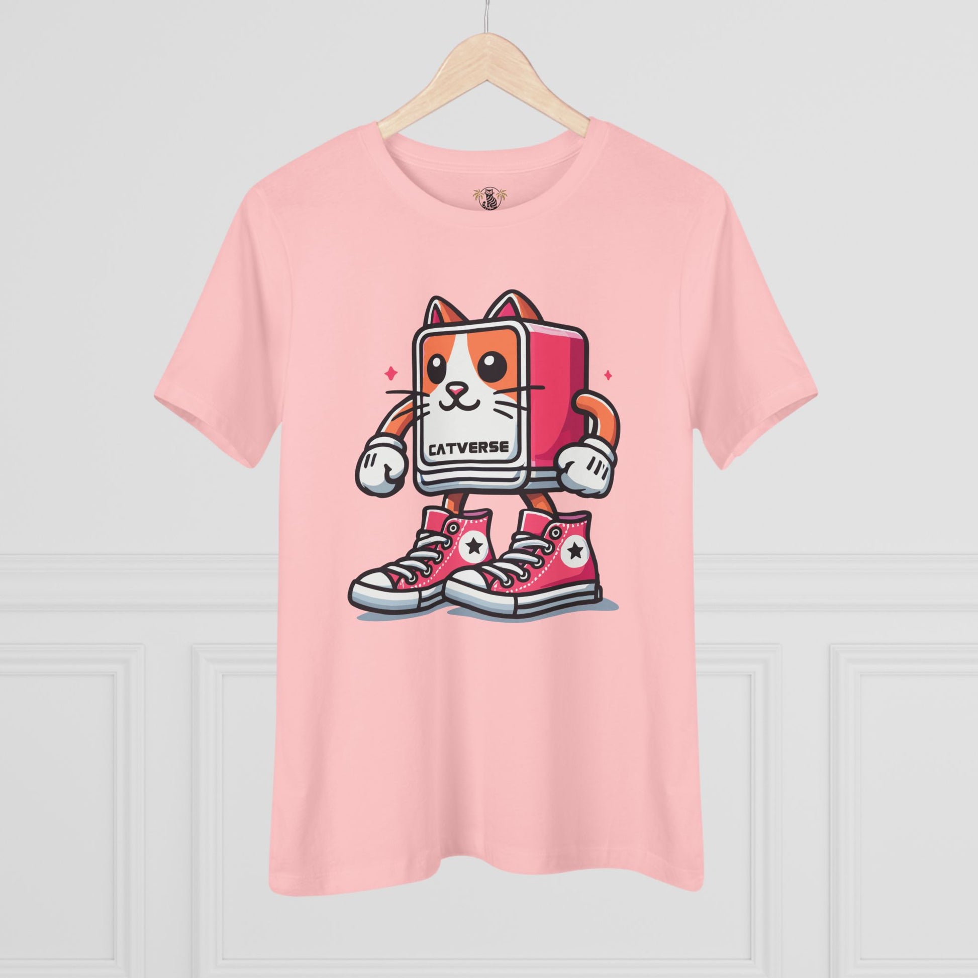 Pink Catverse Pinkbot tee on hanger front view, womens cat tee, cat lover t shirt