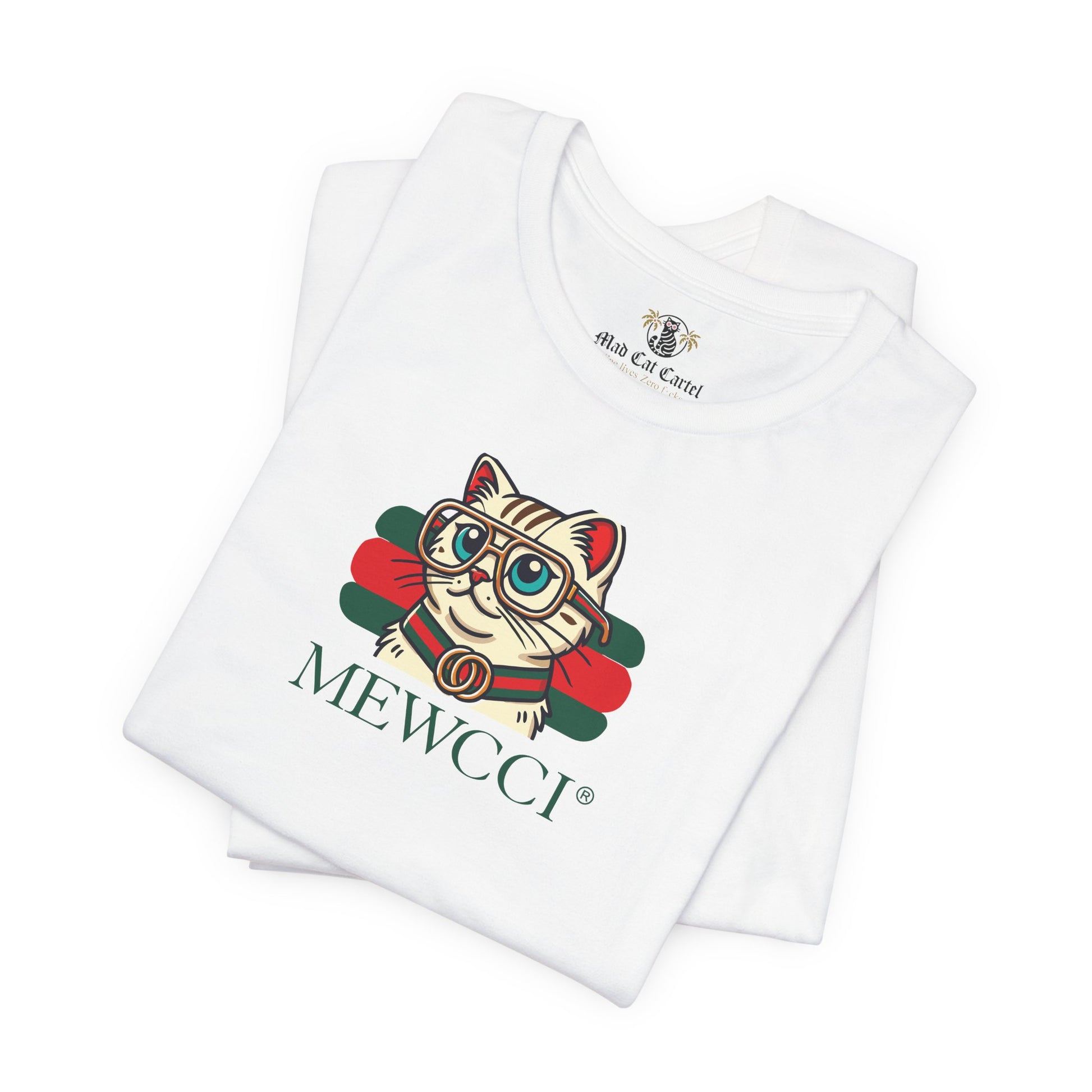 Folded Mewcci Luxe Label Graphic Cat Graphic T-Shirt in White – cat tee shirts womens, cat shirts