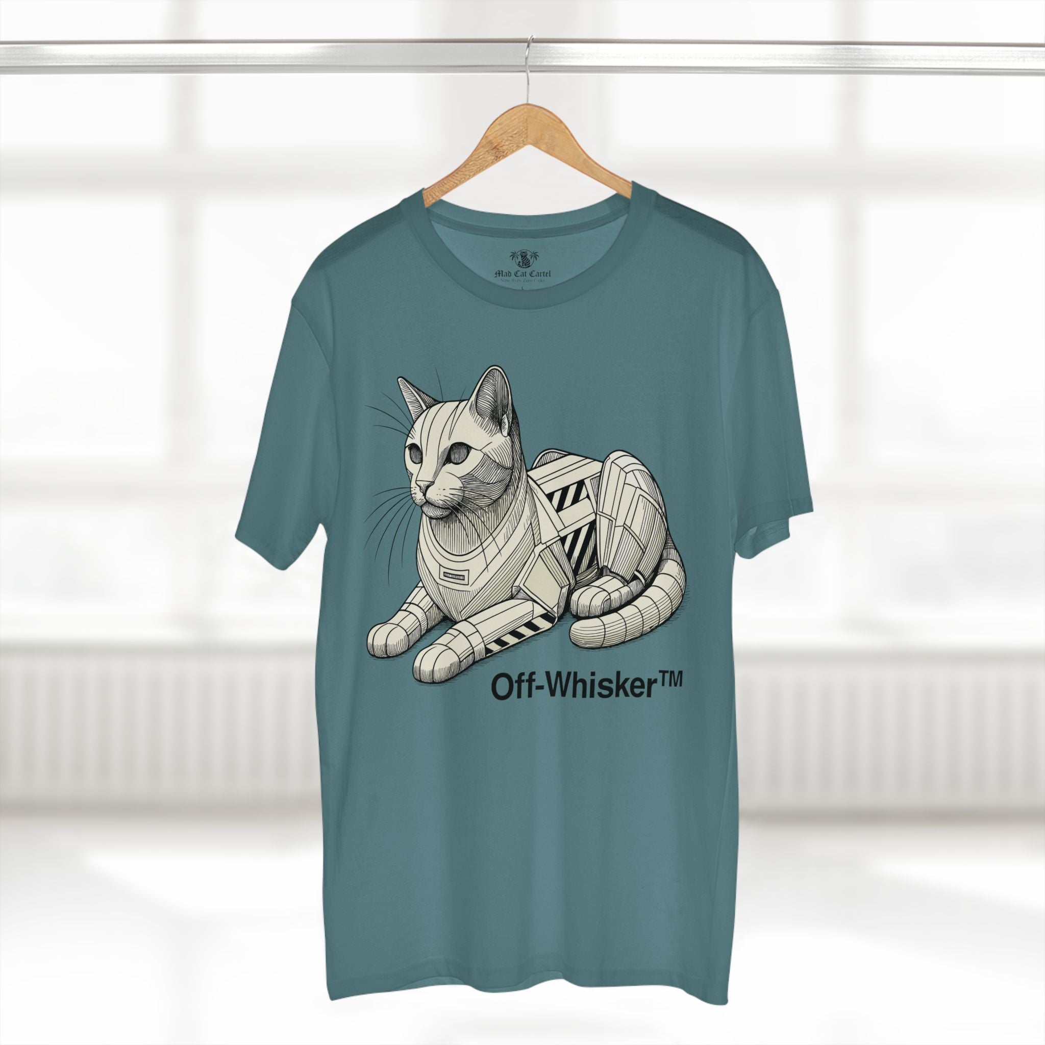Slate blue Off-Whisker Mecha Cat Unit shirt on hanger – cat face t shirt, unisex
