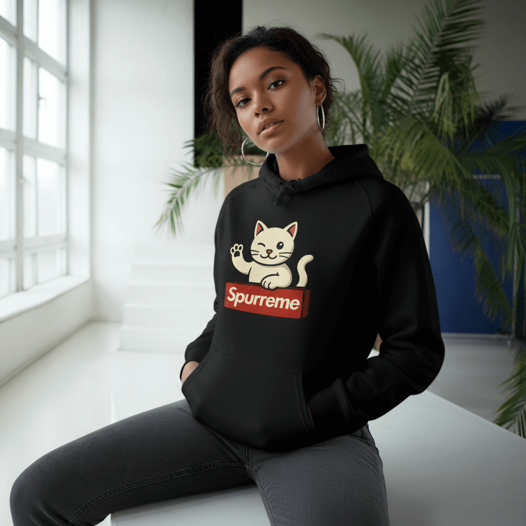 Female model wearing Black Spurreme Lucky Cat Box Logo Hoodie cozy cat themed clothing
