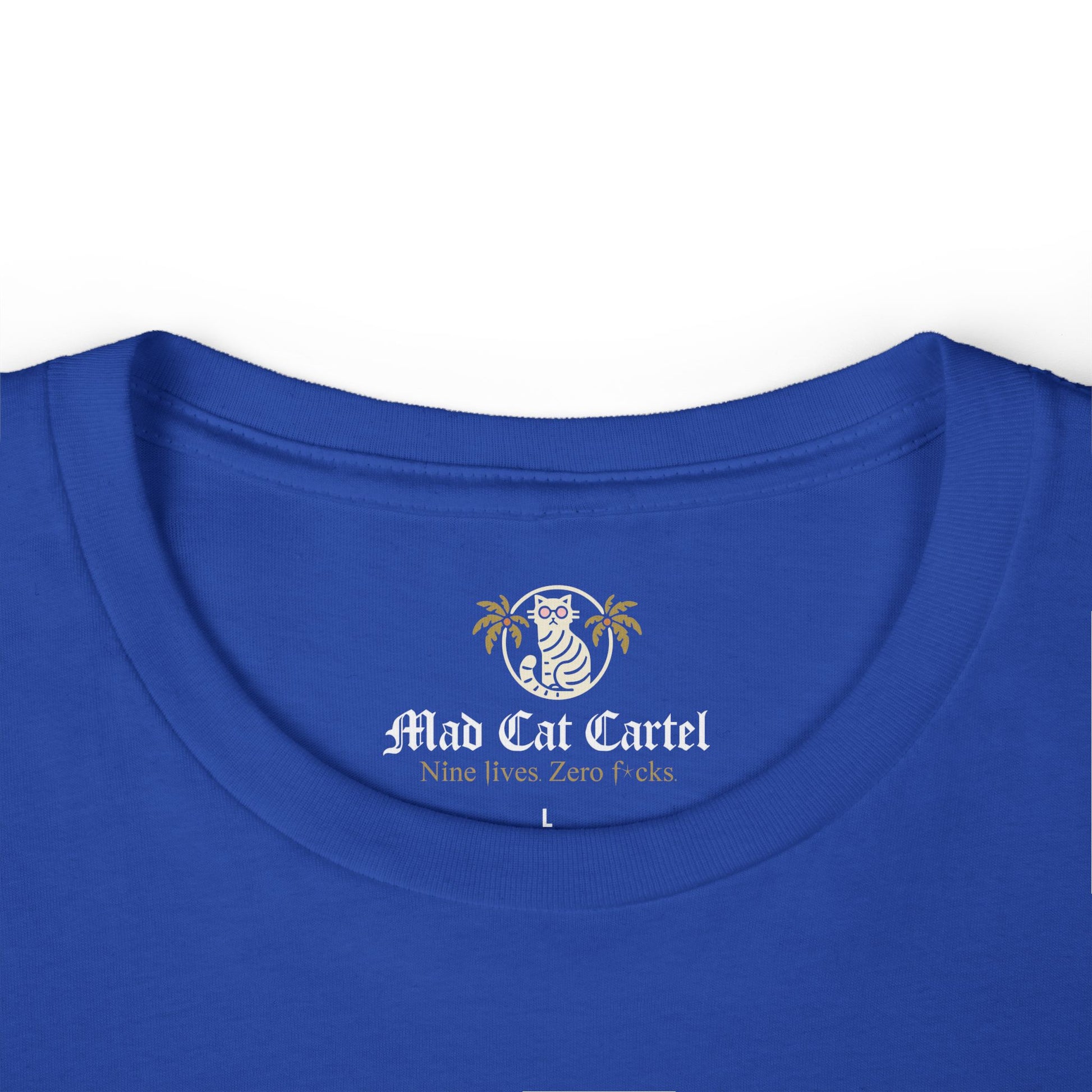 Royal Blue cat lady tee folded flat lay close-up
