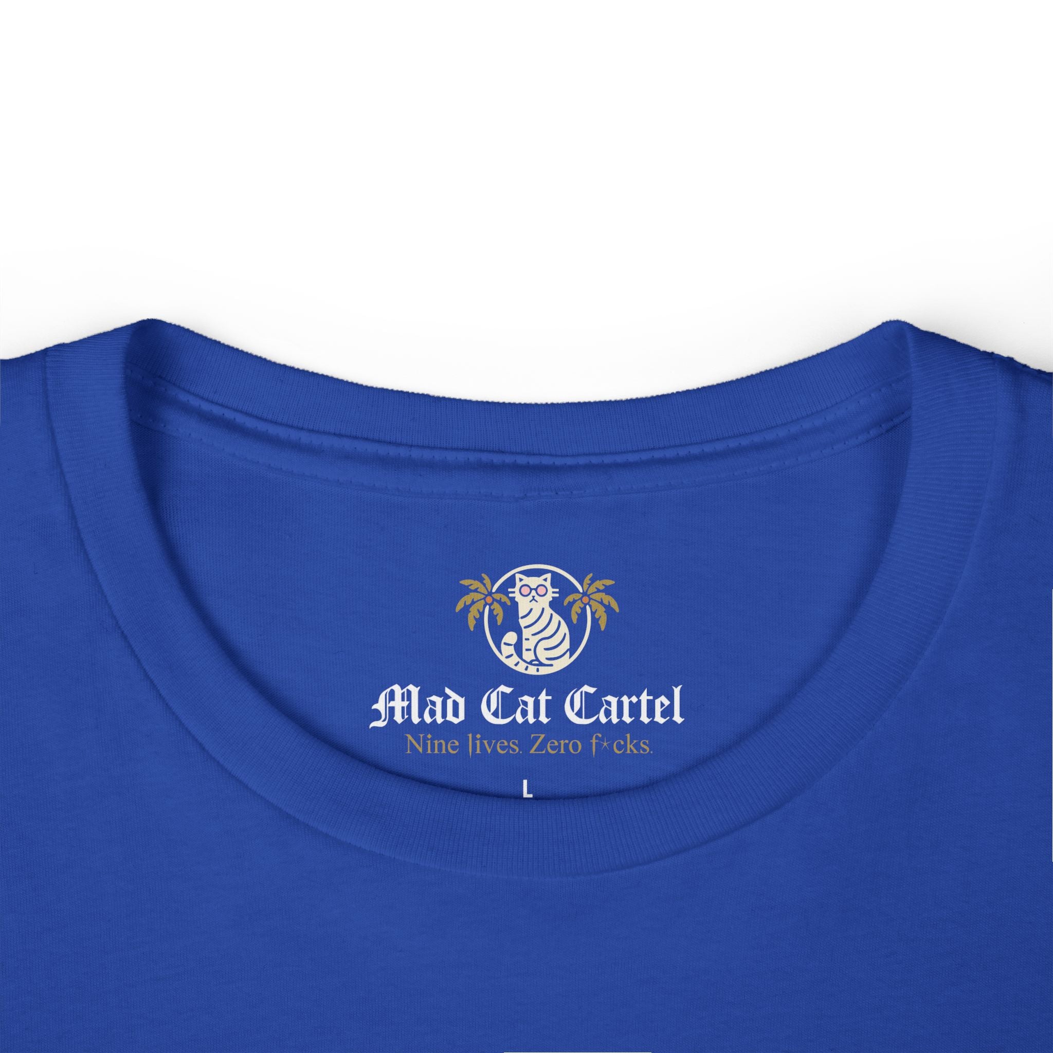 Royal Blue cat lady tee folded flat lay close-up