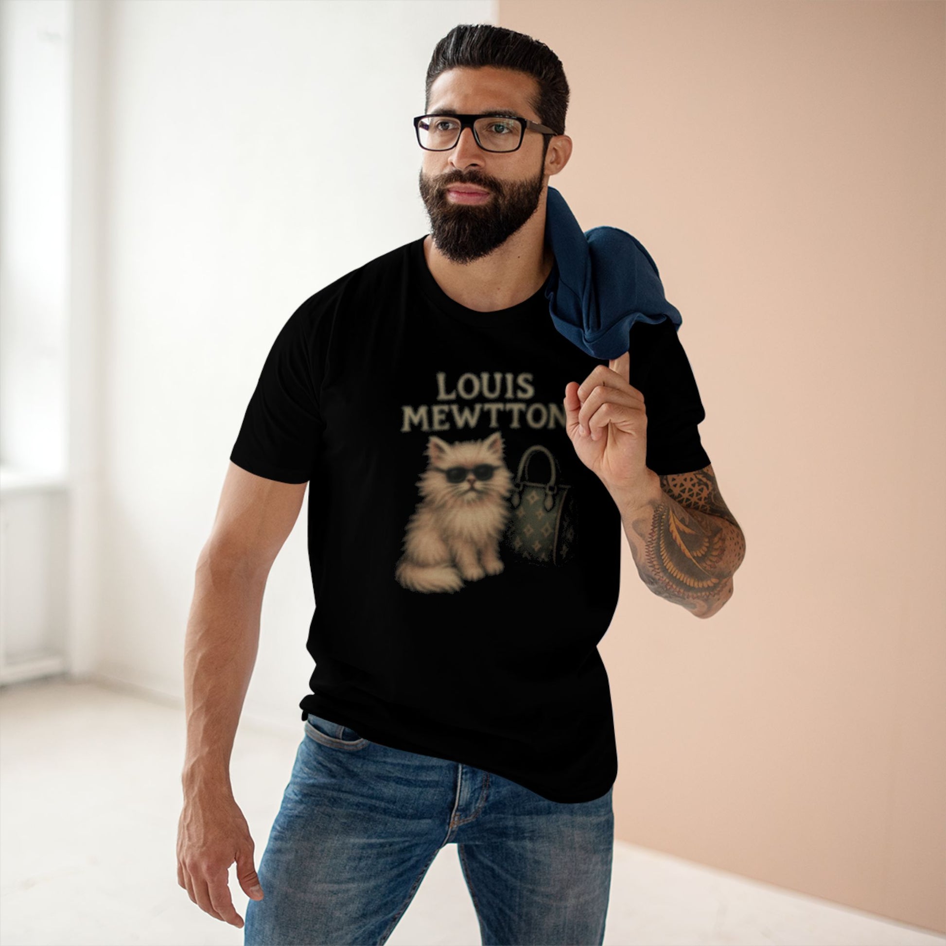 Male model wearing Louis Mewtton cat graphic black tee funny t shirts for men
