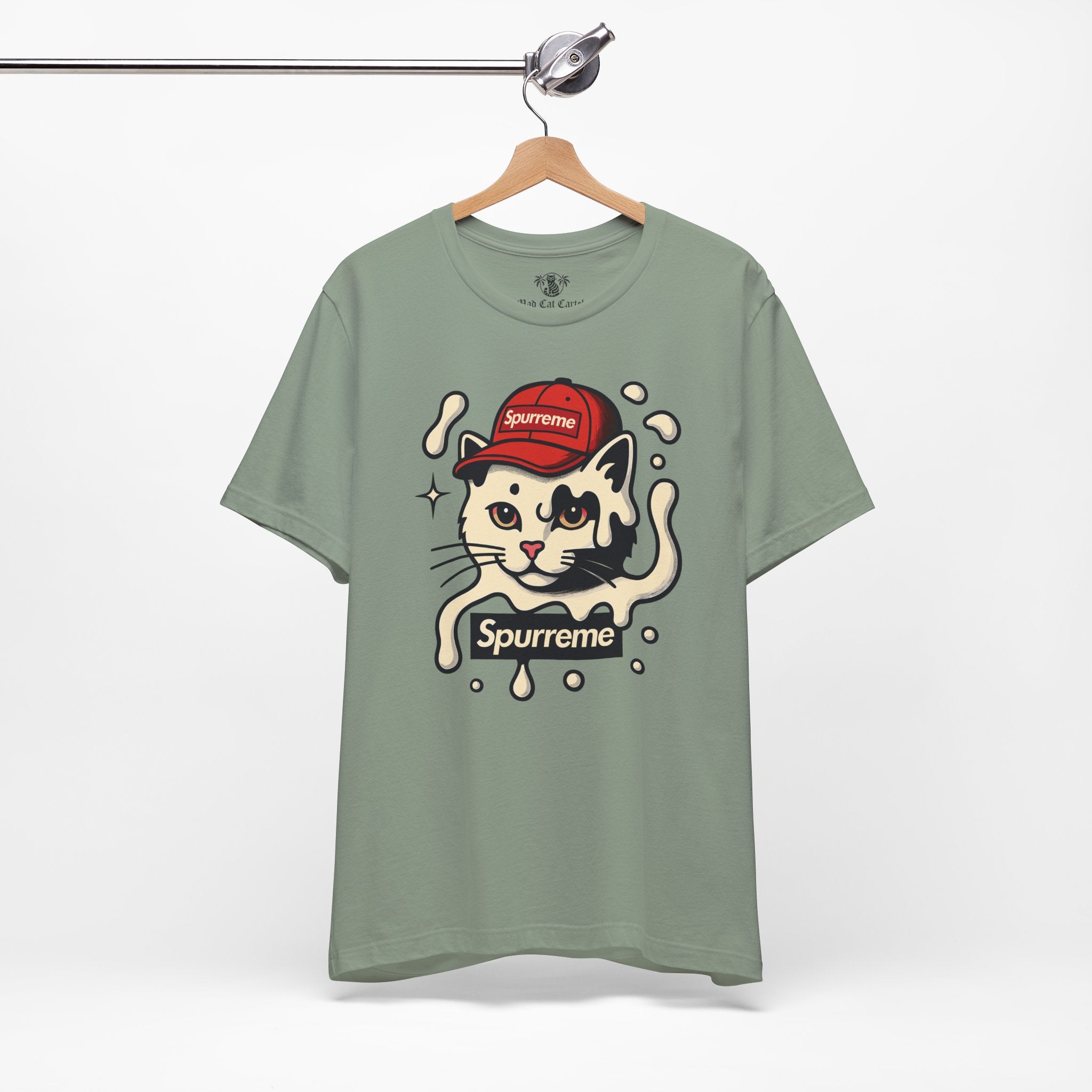 Sage cat themed shirt on hanger – cat print tee shirts