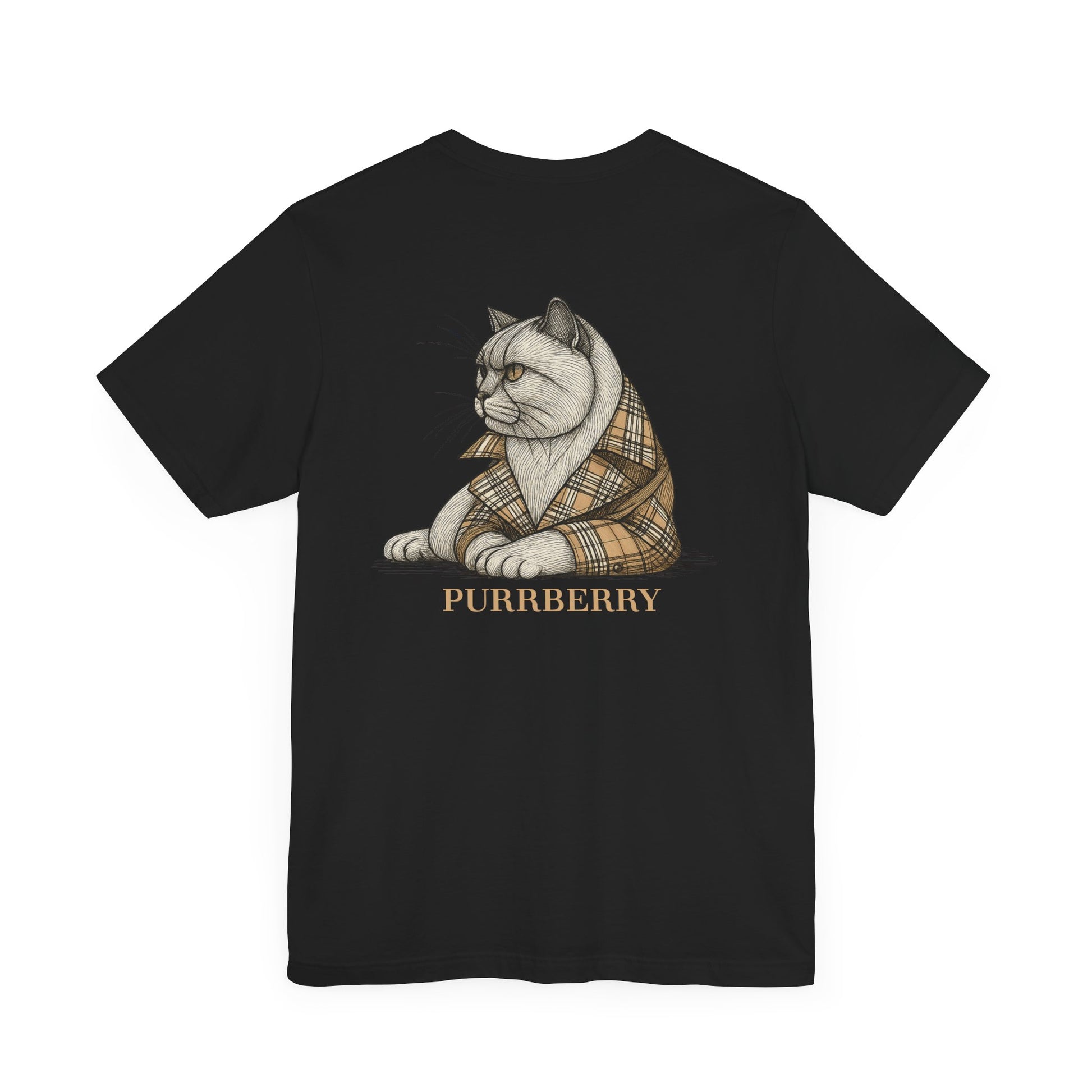 Black Purrberry London Coat Club Cat Graphic T-Shirt with large cat crest back graphic – cat themed clothing