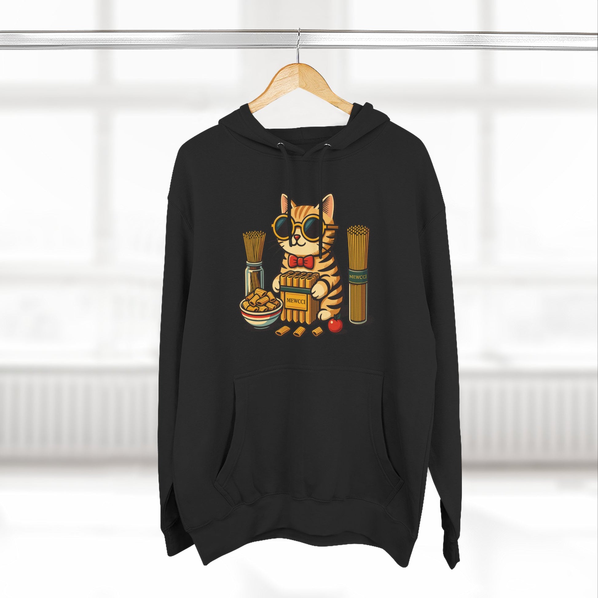 Woman modeling Mewcci pasta chef cat white hoodie, cat hoodies for men