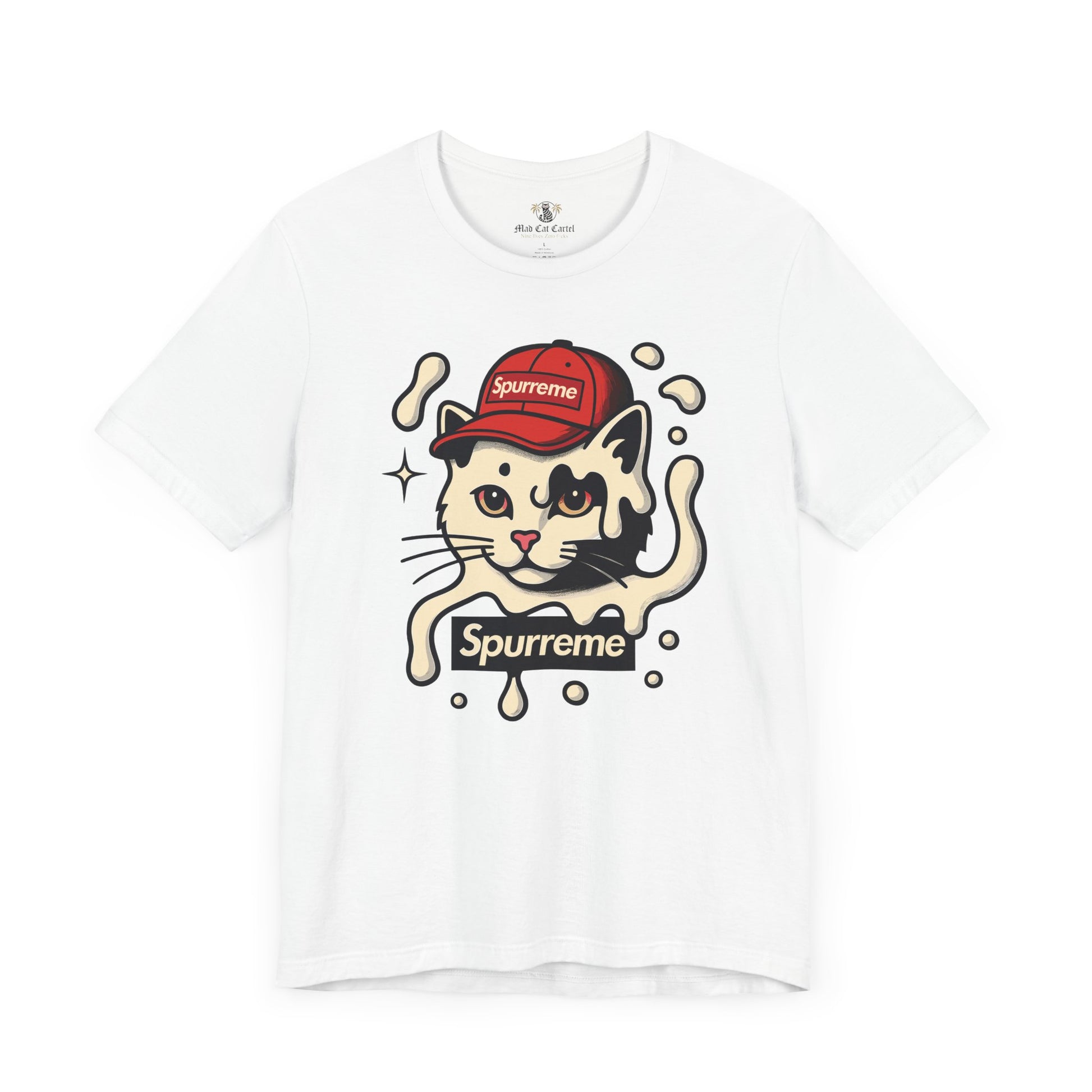 White Spurreme Cream Cap Cat Graphic T Shirt flat front – cat shirts for men