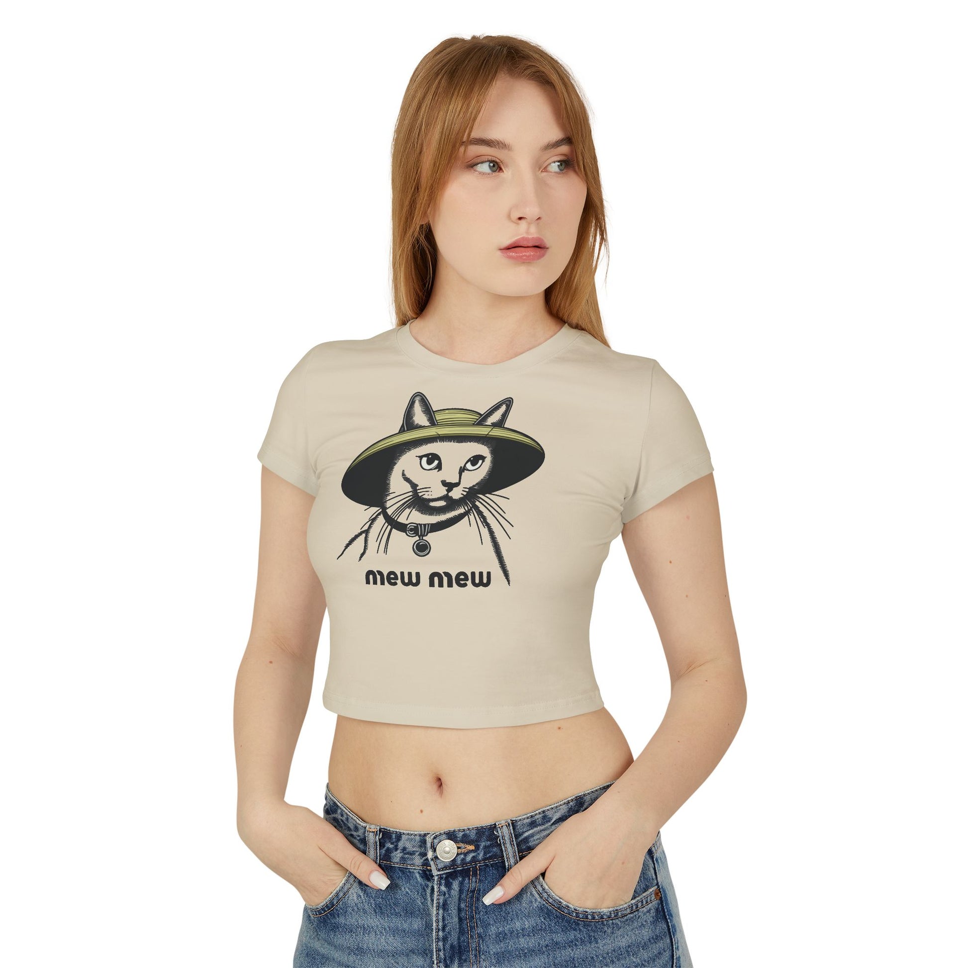 Beige baby tee modeled front view baby tee for women