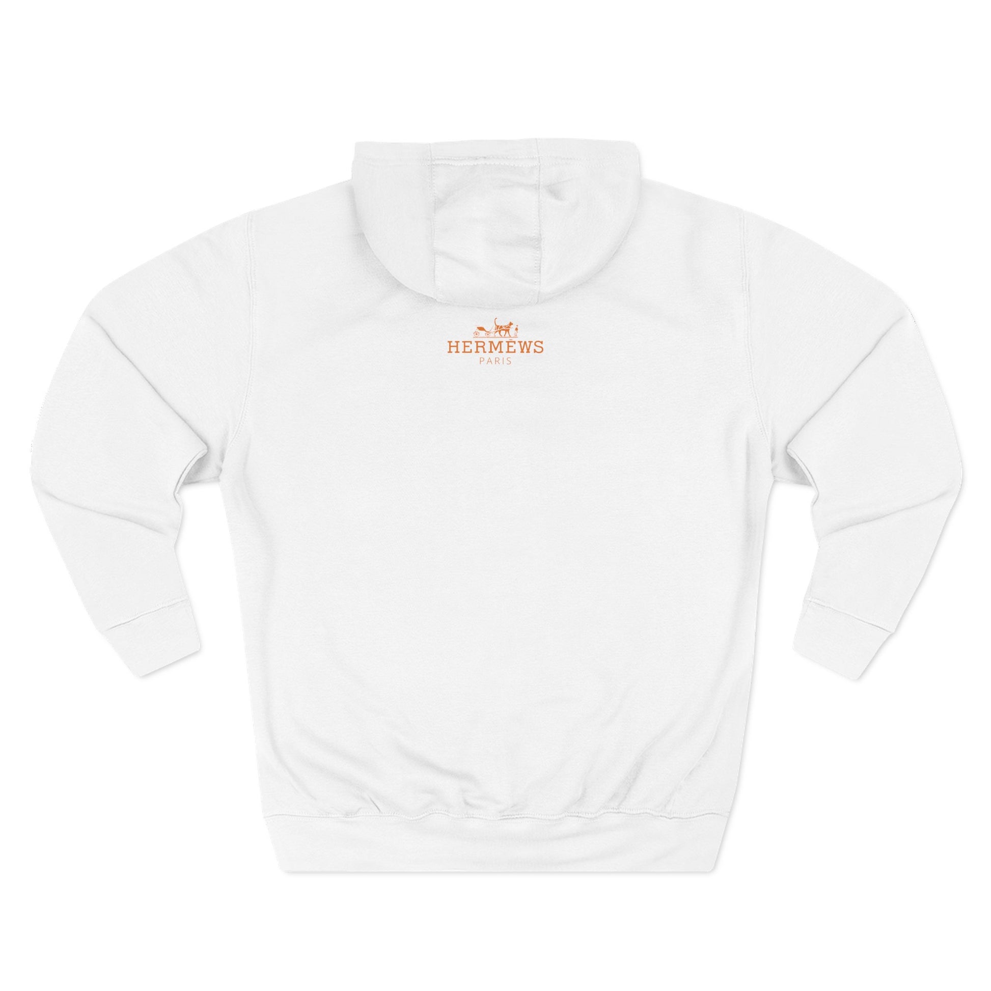 Back view of Hermèws white hoodie with sunset cat artwork, cat theme clothes